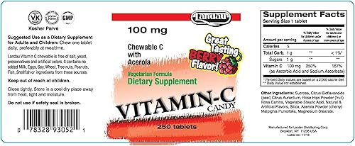 Miniatura 4 de Landau Caramelo masticable de vitamina C de 100 mg para niños y adultos - Suplemento de vitamina C fácil de tomar con acerola - Kosher y fabricado