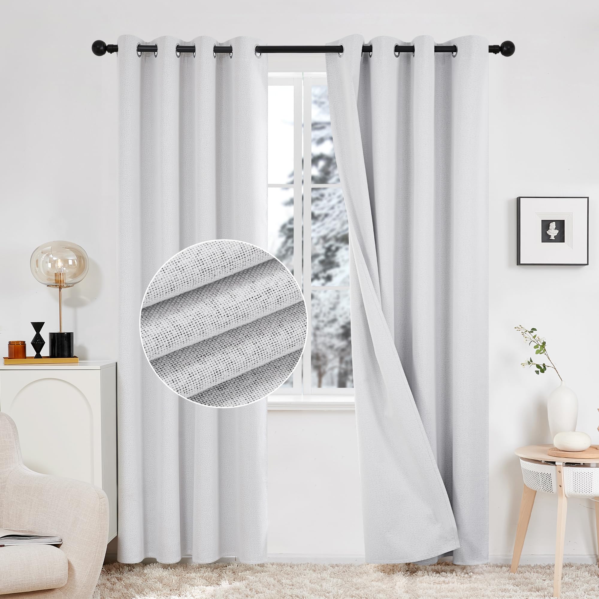Deconovo Total Blackout Curtains Linen Curtains Room Darkening Curtains with Grommets for Bedroom Living Room Kids Room, 2 Panels?Greyish White?52Wx84L Inch