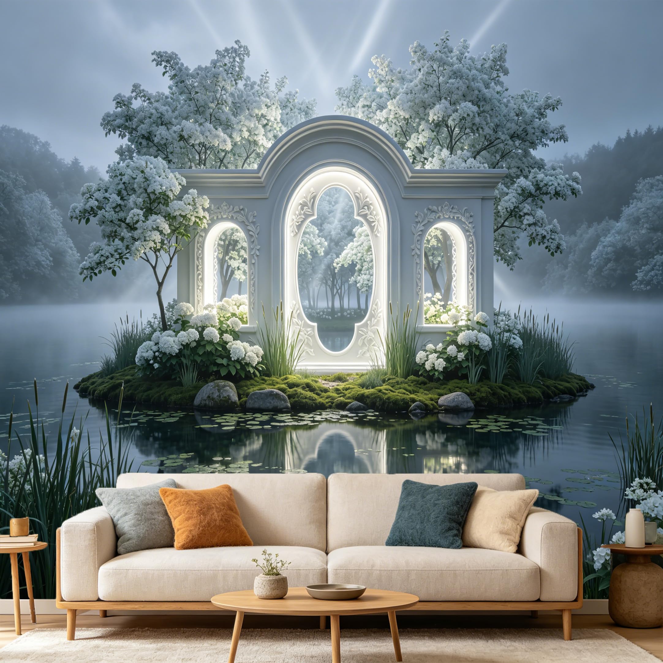 Custom Size Wall Mural， 3D Neoclassical White Archway Misty Lake Forest Botanical， SelfAdhesive Art Prints wall Fabric Removable Large Wallpaper Home Living Room Decor