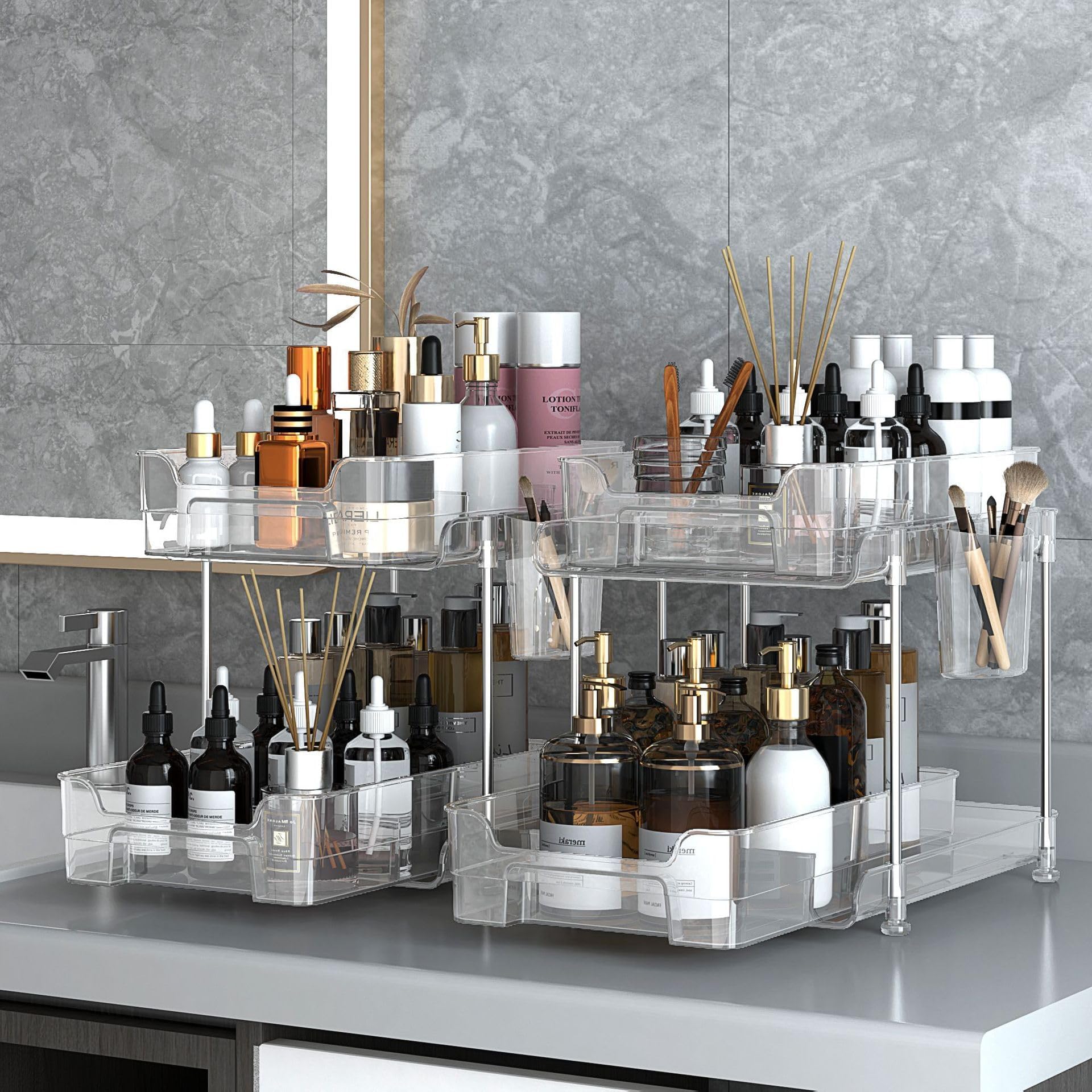 Garvee Compact Transparent 2-Tier Kitchen Storage Rack - Clear Makeup & Skincare Organizer, Under Basin Drawer Shelf for Cosmetics, Toiletries, Spices, Medicine