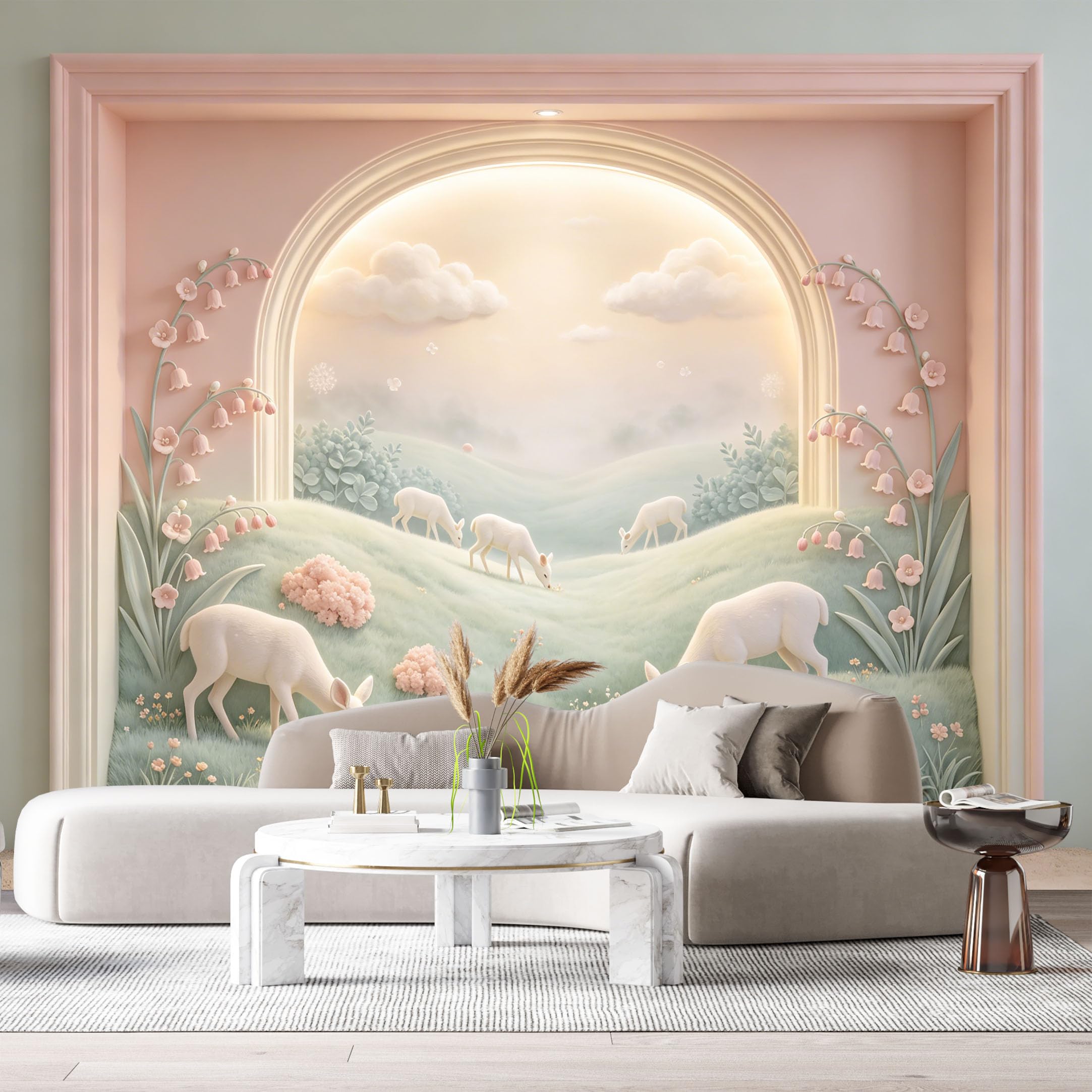 Custom Size Wall Murals Pastel Deer Meadow Archway 3D Trompe L'Oeil SelfAdhesiveWall Fabric Removable Wallpaper Wall Decor for Living Room Bedroom Bathroom