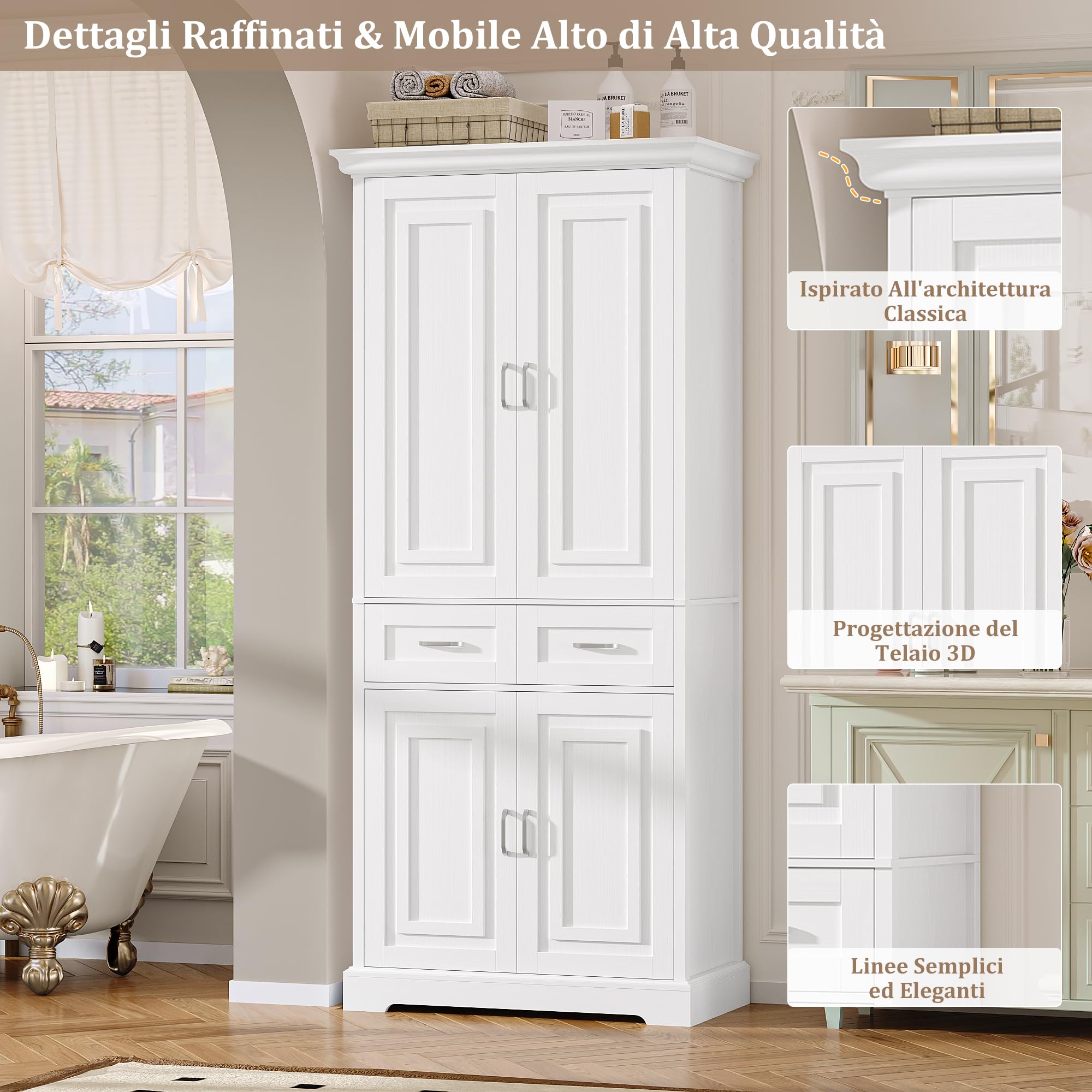 FirFurd 180,5 cm Credenza Cucina, Mobile Cucina con 4 Ante, Mobile Dispensa con 2 Cassetti, Credenza Alta a Ripiani Regolabili, 80x40x180,5cm, Bianco