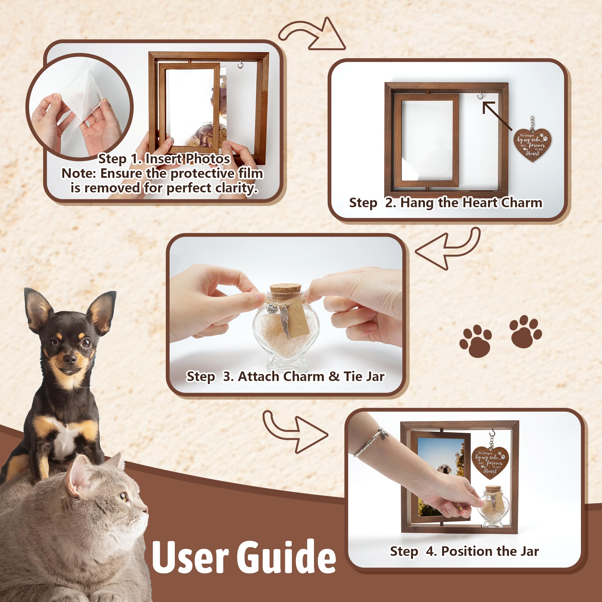 Cat Memorial Gifts for Loss of Cat - Rotating Wooden Frame for 4x6 Photo & Fur Hair Jar - Sympathy Gift for Pet Bereavement, Remembrance Keepsake - Rainbow Bridge Gift for Cat Lovers