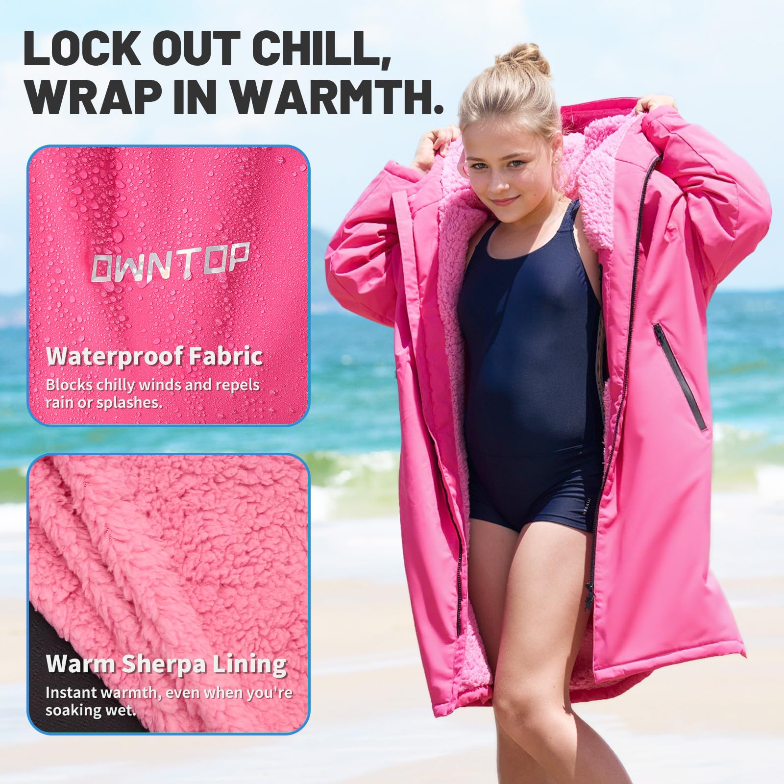 Owntop Wodoszczelny płaszcz do przewijania dla dorosłych – wiatroszczelny płaszcz z kapturem z podszewką z polaru Sherpa, indywidualna naszywka na rzepy, bardzo duży płaszcz termiczny do pływania