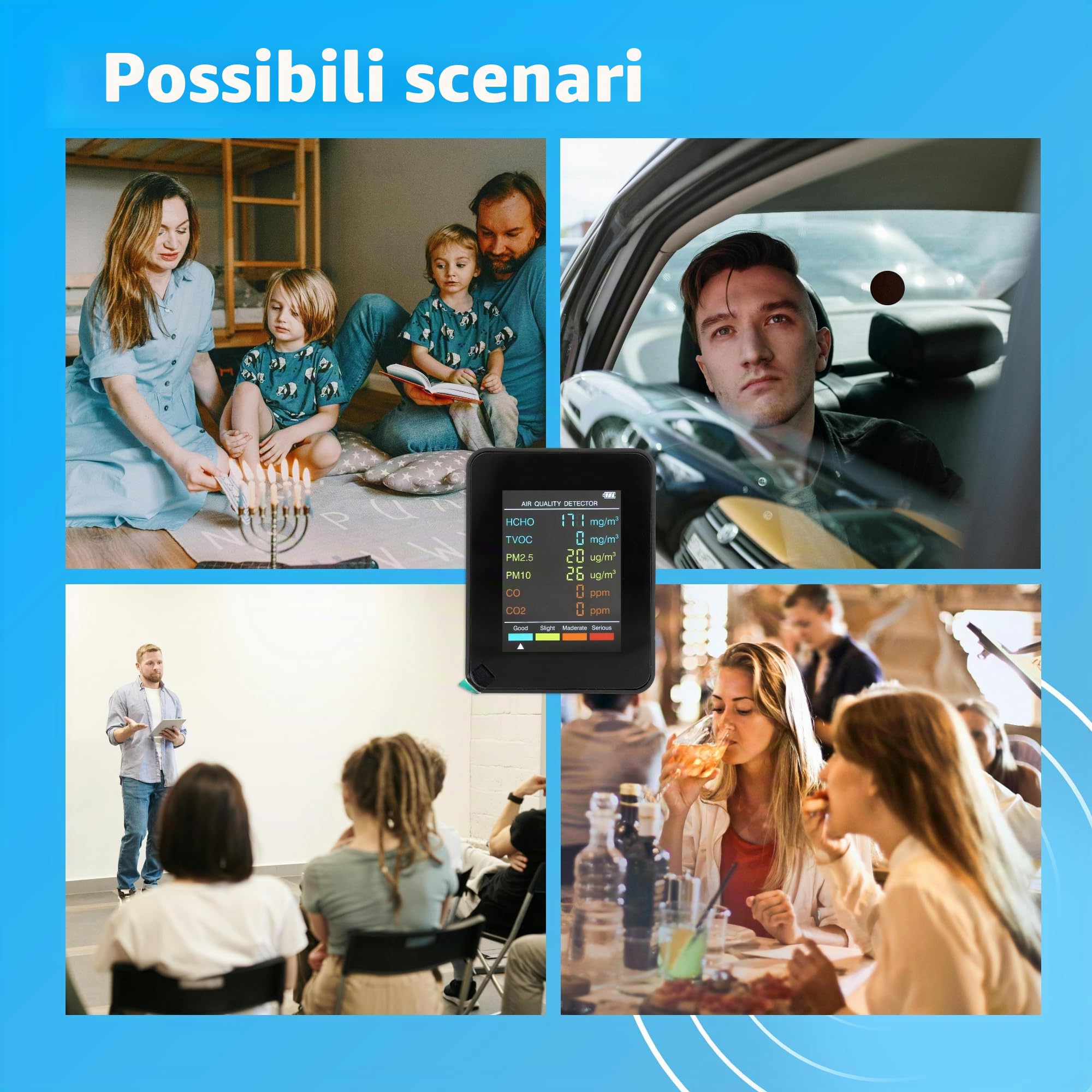 monitor CO2, monitor di qualità dell'aria, retroilluminazione LCD portatile, CO2-TVOC, HCHO PM2.5, rilevatore PM10 con allarme, adatto per famiglia e ufficio