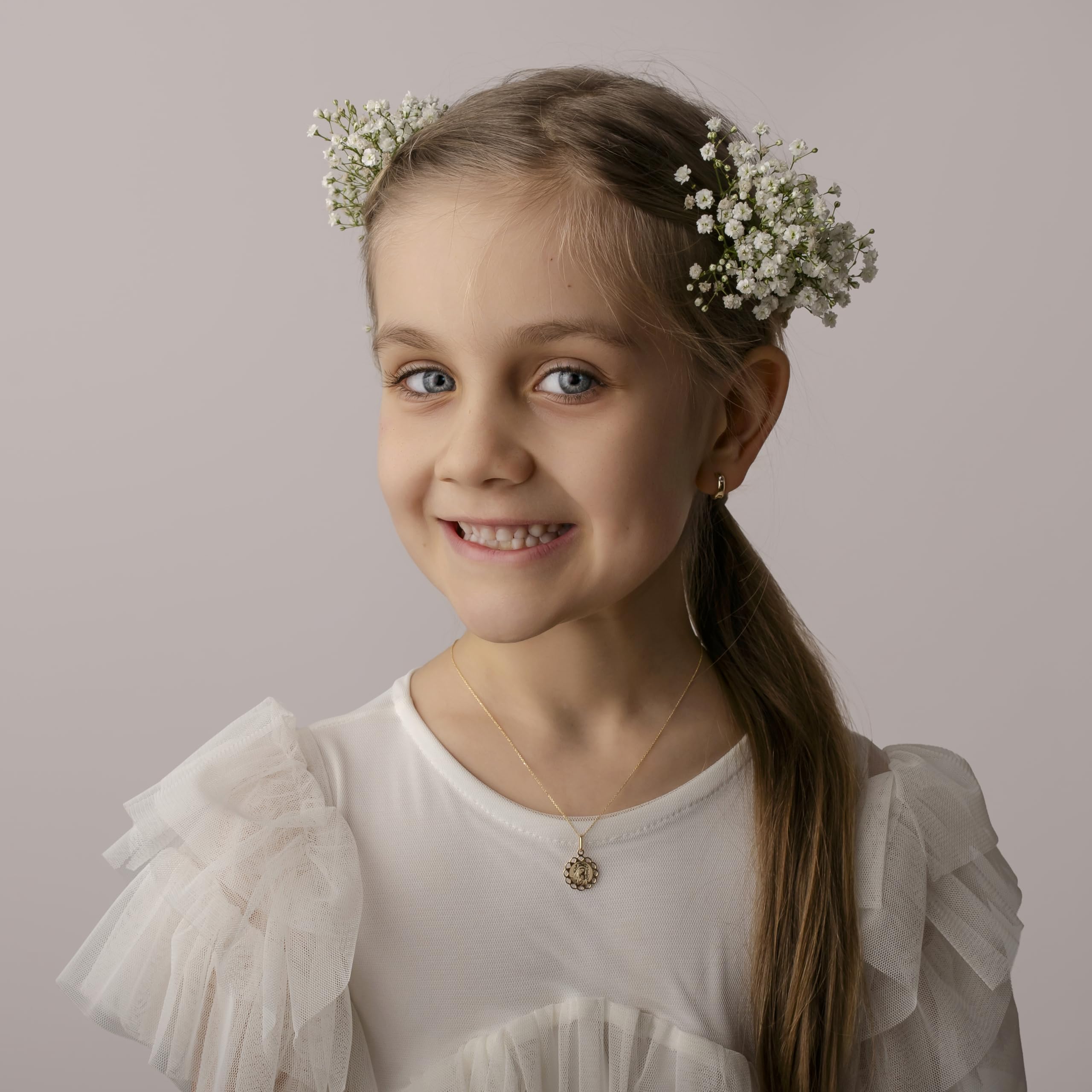 Sakrami Collana da Bambini in Oro 9Kt con Madonna e Gesù Bambina/o a forma di Fiore Kids Collection + Confezione Regalo Personalizzata per Nascita Comunione Battesimo o Cresima
