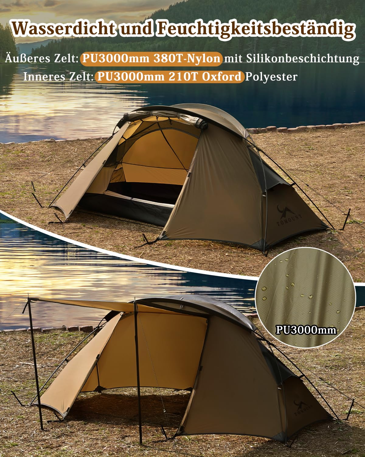 TOMOUNT Zelt 1 Person Nylon Ultraleichte Campingzelt Kleine Packungsgröße, 4 Saison Wasserdicht & Winddicht Kompakt Kuppelzelt für Hiking, Wandern, Camping, Outdoor Sport & Freizeit