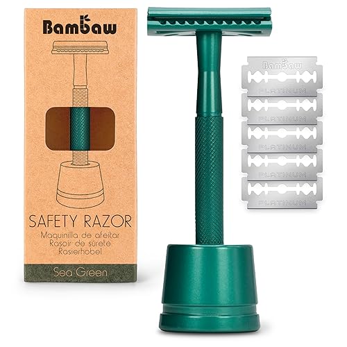 Bambaw Maquinilla de afeitar de seguridad con peine de cierre de doble filo con soporte, maquinilla de afeitar para hombres, maquinilla de afeitar