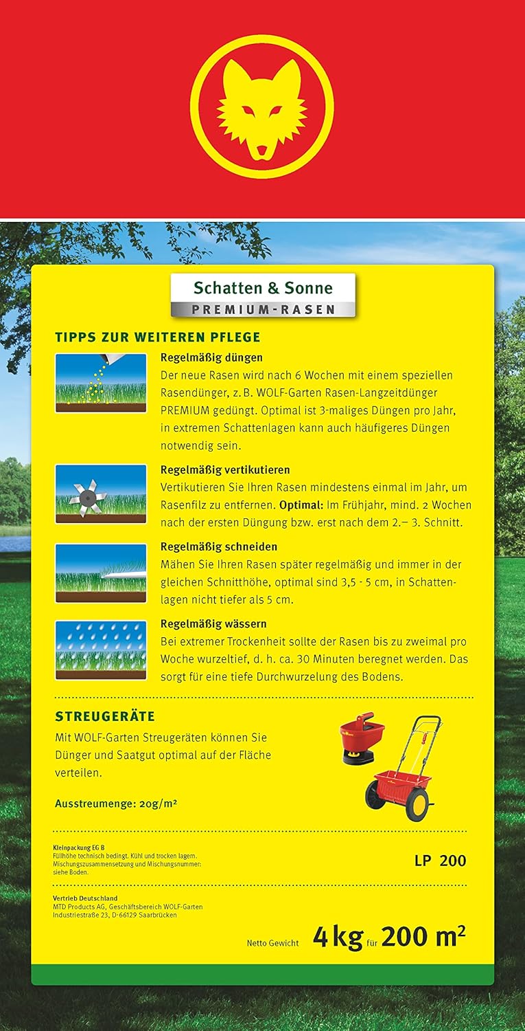 Wolf Garten LP200 Shade and Sun Premium-Lawn Seed, Multi-Colour, 15x20x10 cm