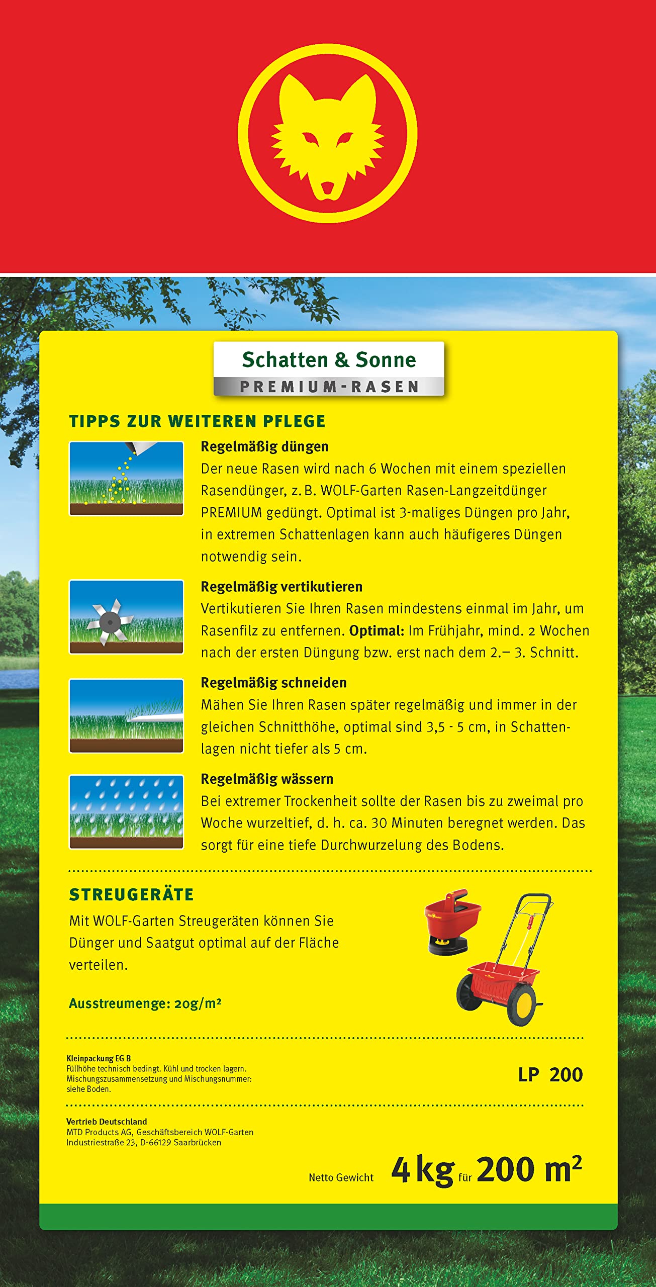WOLF-Garten "Ombra & Sole" Prato Premium LP 200 (per 200 m², densità molto elevata con circa 100.000 germogli/m², particolarmente resistente, elevata tollerabilità all'ombra, scatola pieghevole da 4