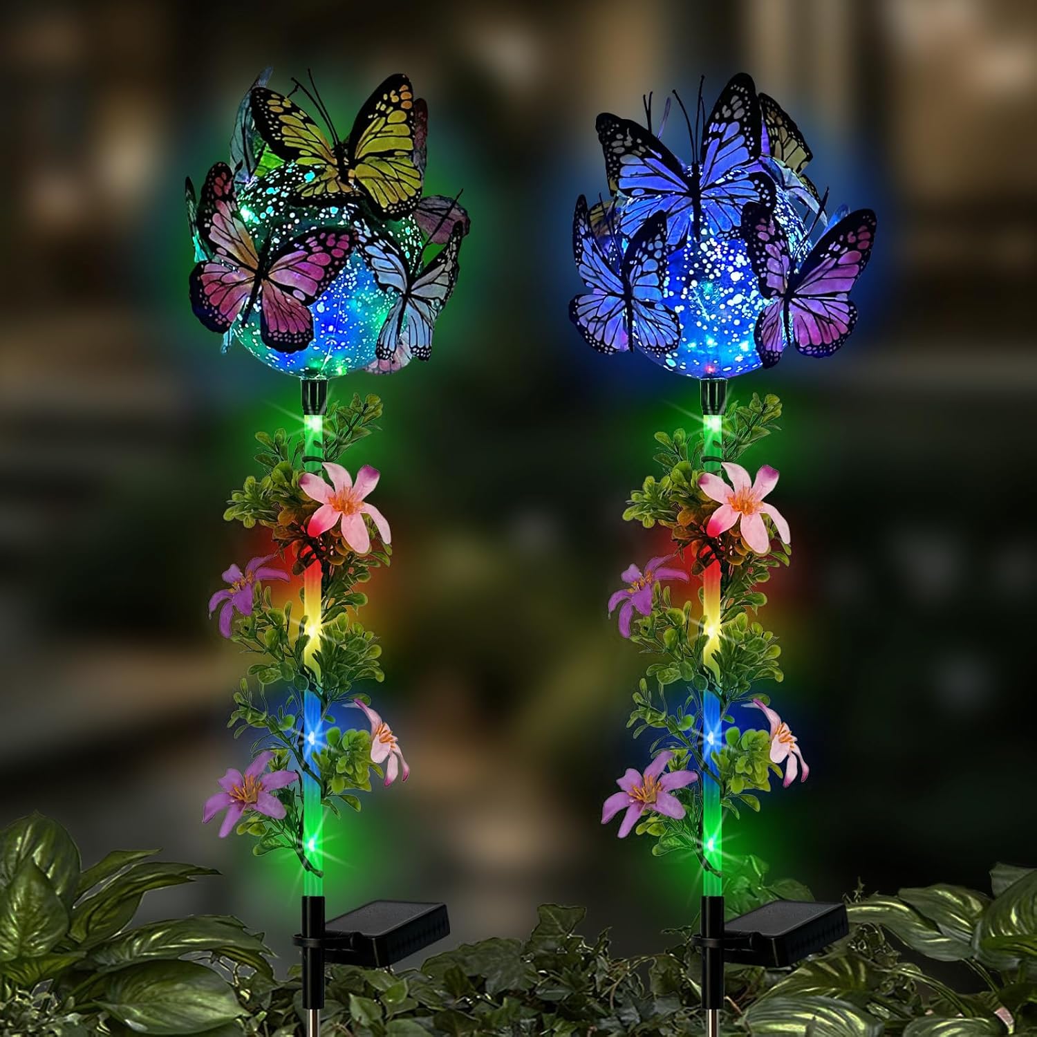 Solar Lights Outdoor Pathway,2 Pack Butterfly with Ball Garden Stakes,Colorful Twinkle Fairy Lights Decorations Outdoor for Yard,Lawn,Spring