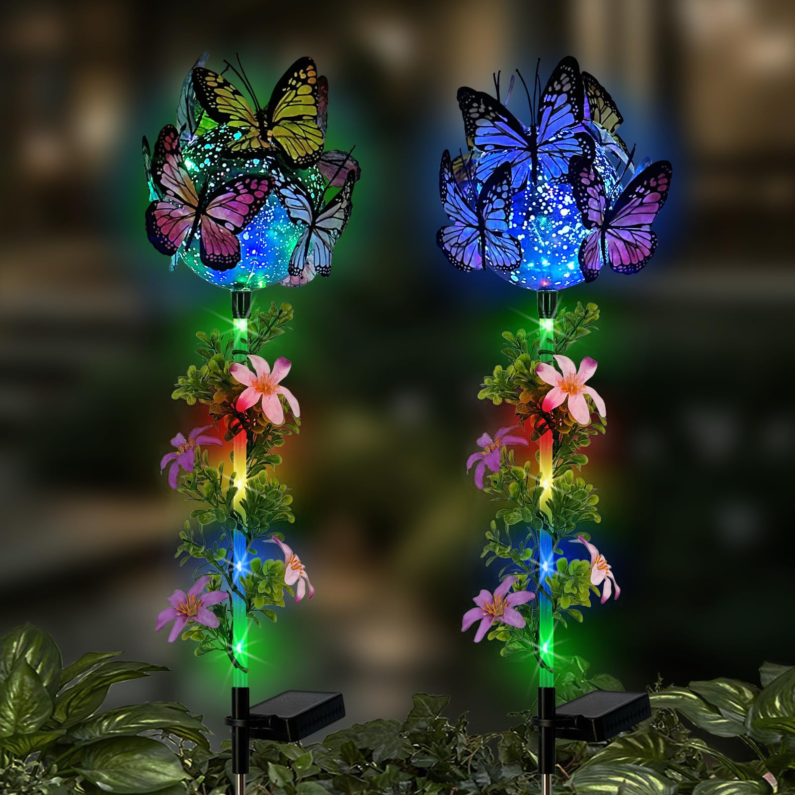 Solar Flowers Lights Outdoor Pathway,2 Pack Butterfly &amp; Ball Garden Stakes
