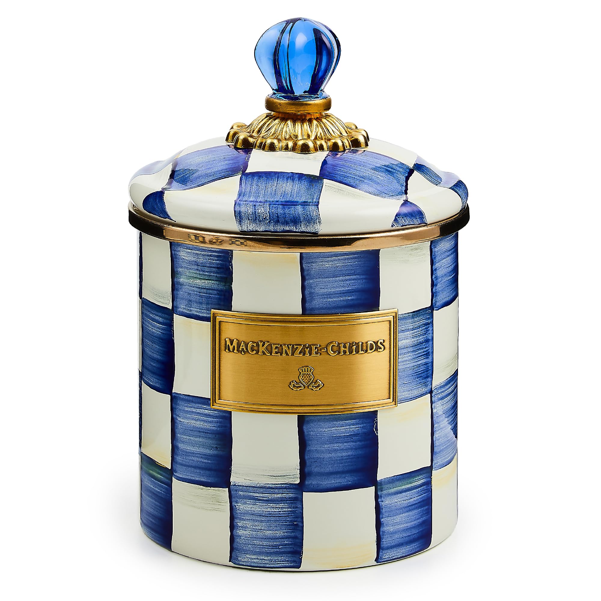 MACKENZIE-CHILDS Small Enamel Canister, Kitchen Storage Container for Flour and Sugar, 1.13 Liters, Blue-and-White Royal Check