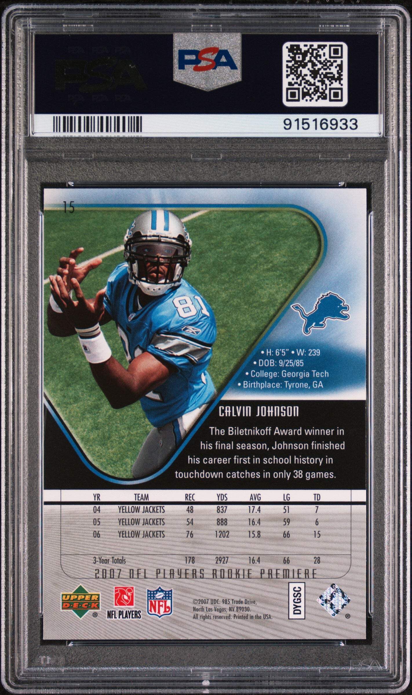 Graded 2007 Upper Deck Rookie Premiere Calvin Johnson #15 Rookie RC Football Card PSA 10 Gem Mint
