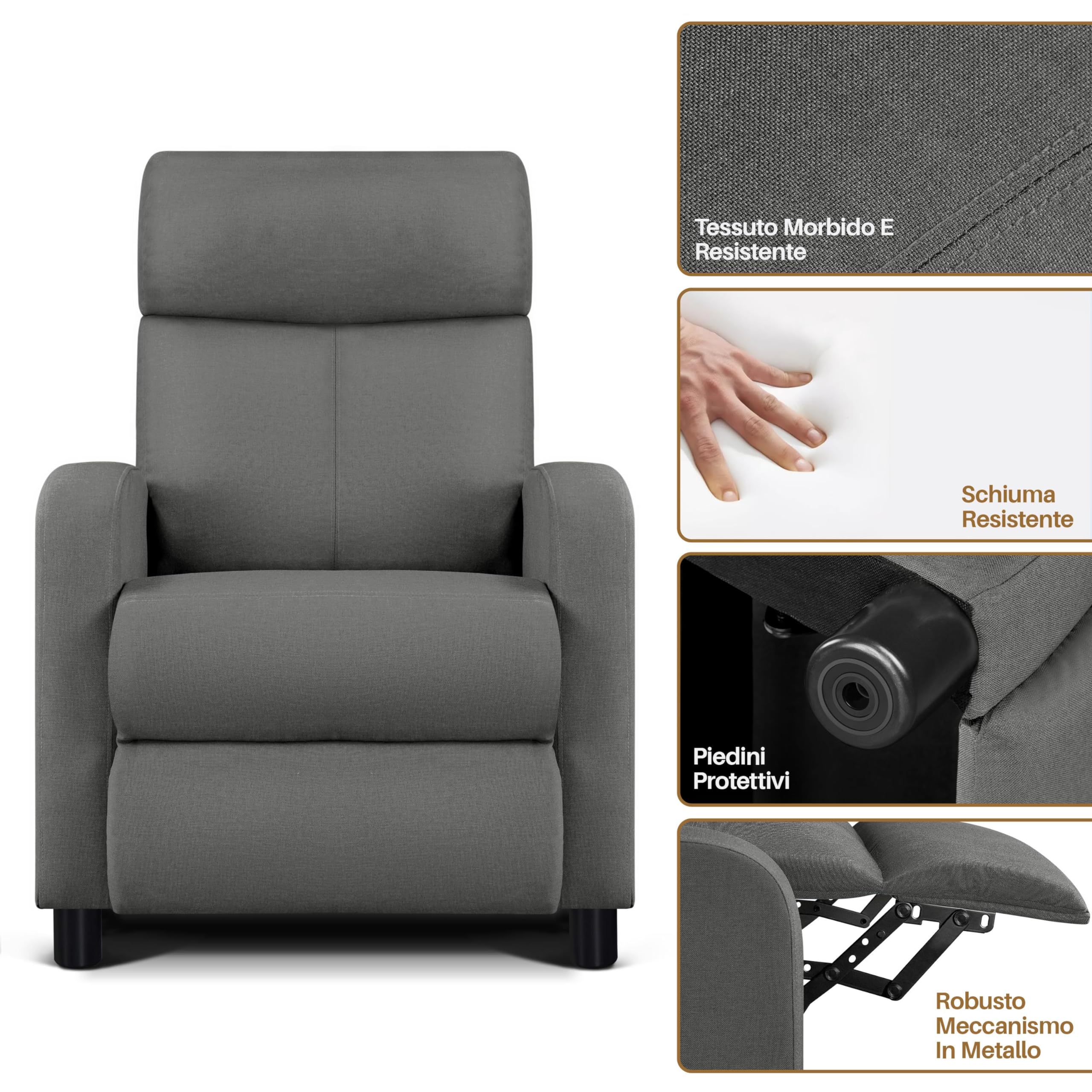Yaheetech Poltrona Relax Reclinabile Regolabile Divano Monoposto con Poggiapiedi da Soggiorno Camera da Letto 61,5 cm × 87 cm × 99 cm Grigio/Lino