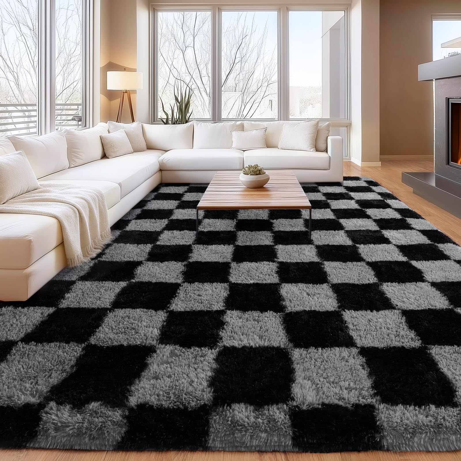 Living Room Area Rugs Checkered Shaggy Carpets High Pile Fuzzy Rug 6x9ft