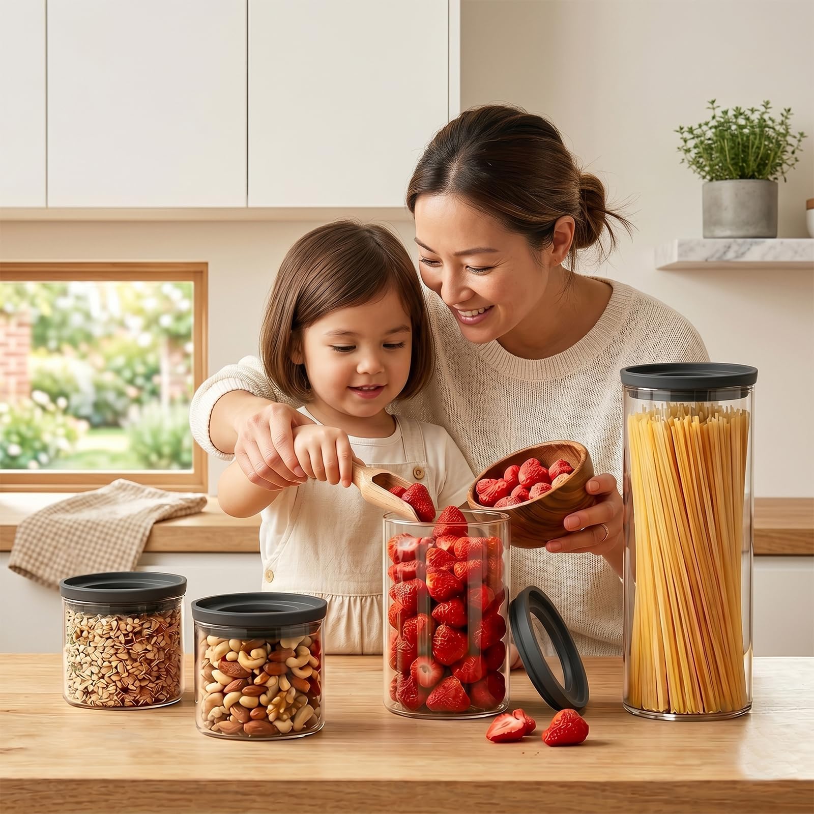 twoant Juego de 4 Redondos Tarros de Cristal Con Tapa Hermética transparente y apilable，1200ml Cocina Botes Almacenaje Ideales Para Guardar Especias, Pasta, Legumbres, Avena, Cereales, Etc