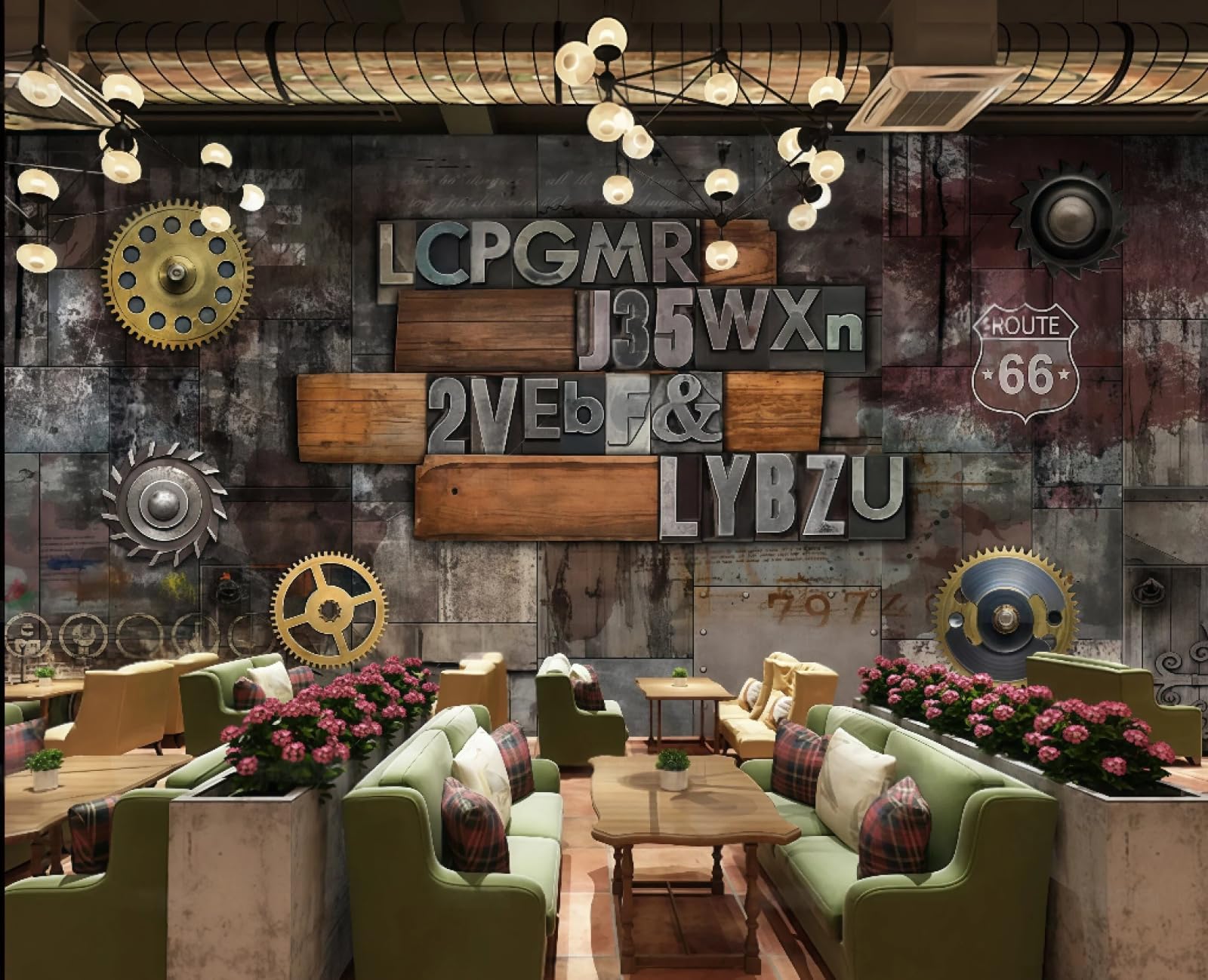 Tapeta retro żelazo mechaniczna przekładnia trójwymiarowa litera motyw bar zachodnia restauracja tło ścienne popołudniowa herbata kawa tapeta, 3D, 350x245cm