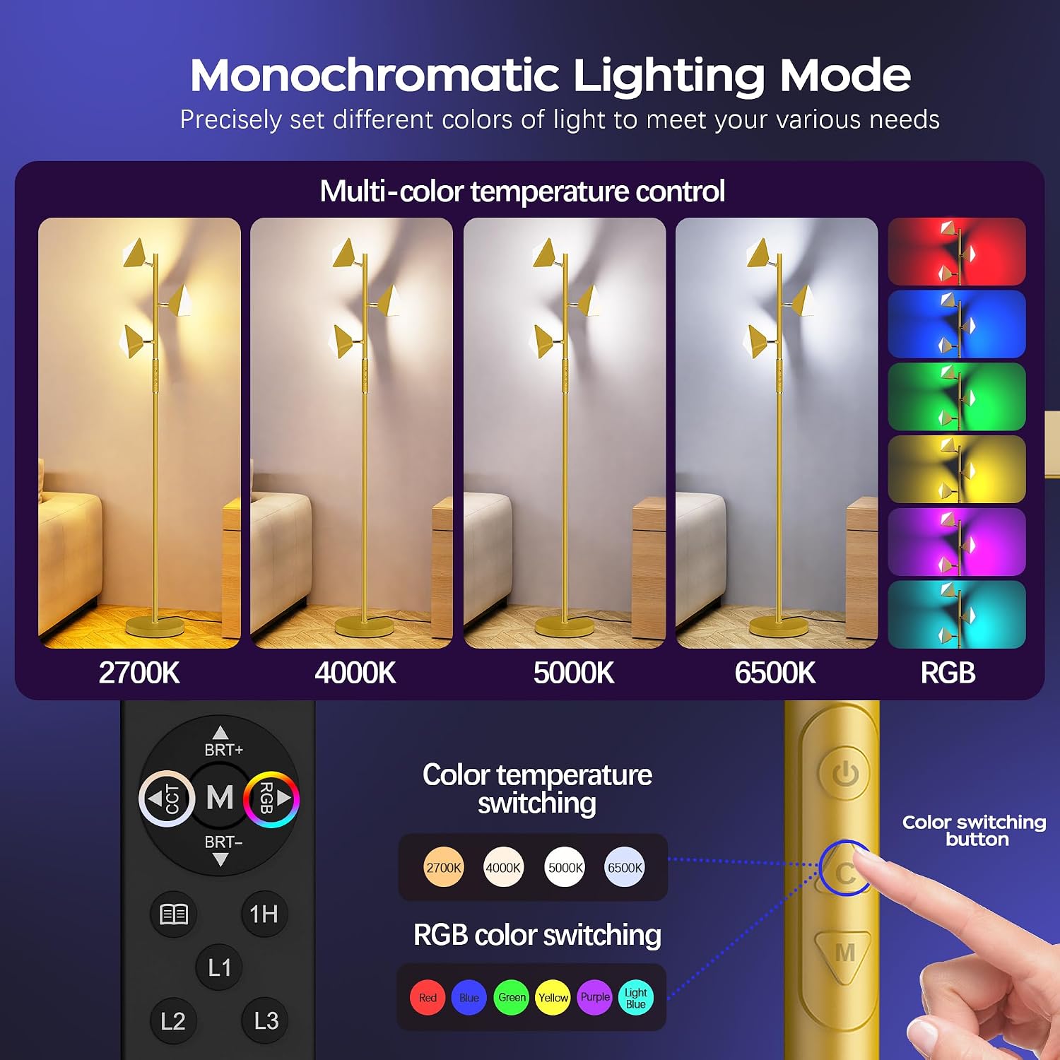 36W RGBCW Floor Lamp, Color Changing LED Tree Floor Lamp, Stepless Dimmable Tall Standing Lamp with Remote & Touch Control, 2700K-6500K Modern Floor Lamps for Living Room, Bedroom, Gaming Room - Gold