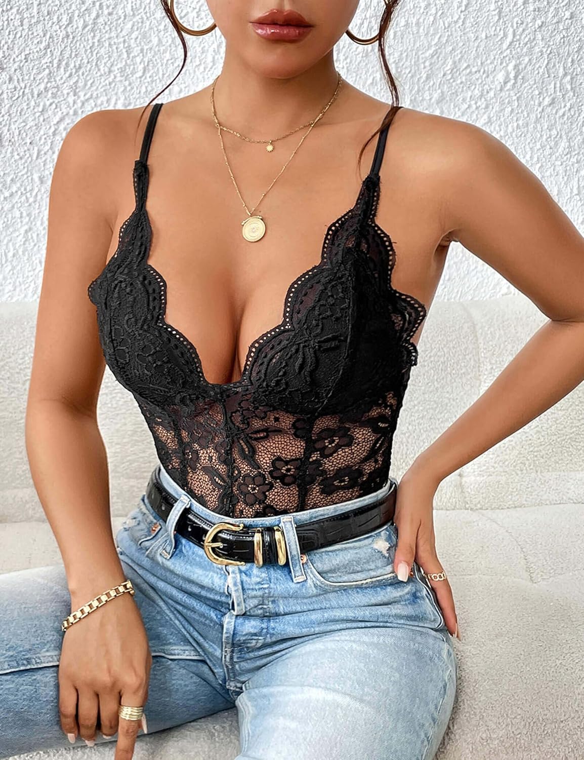 Everbellus Women Sexy Floral Lace Bodysuit Sheer Mesh Tank Tops Deep V Neck Corset Bodysuits Adjustable Strap Cami Top - Image 3