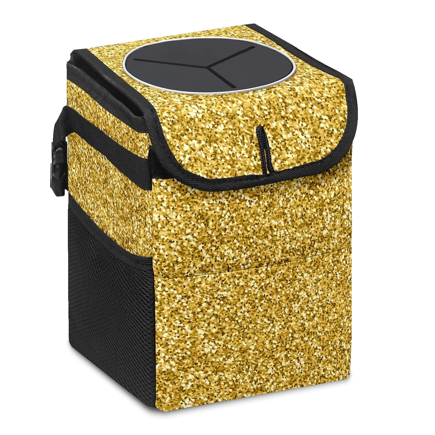 Car Trash Can Gold Glitter Sequin Auto Garbage Bag with Lid Leak-Proof Car Storage Bag Hanging for Headrest Collapsible and Portable with Storage Mesh Pocket