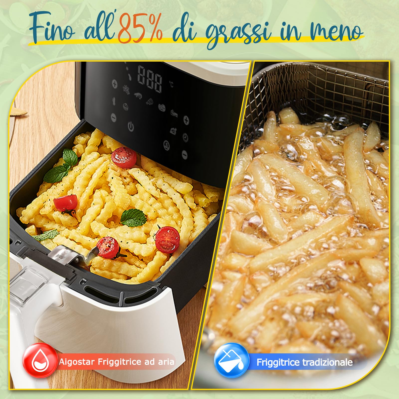 Aigostar Friggitrice ad Aria 7L Smart 1900W - WiFi/App con Ricette, 7 Programmi, Schermo LED Touch, Circolazione Aria 360°, Cottura Senza Olio, Cestello Rimovibile Lavabile in Lavastoviglie, bianco