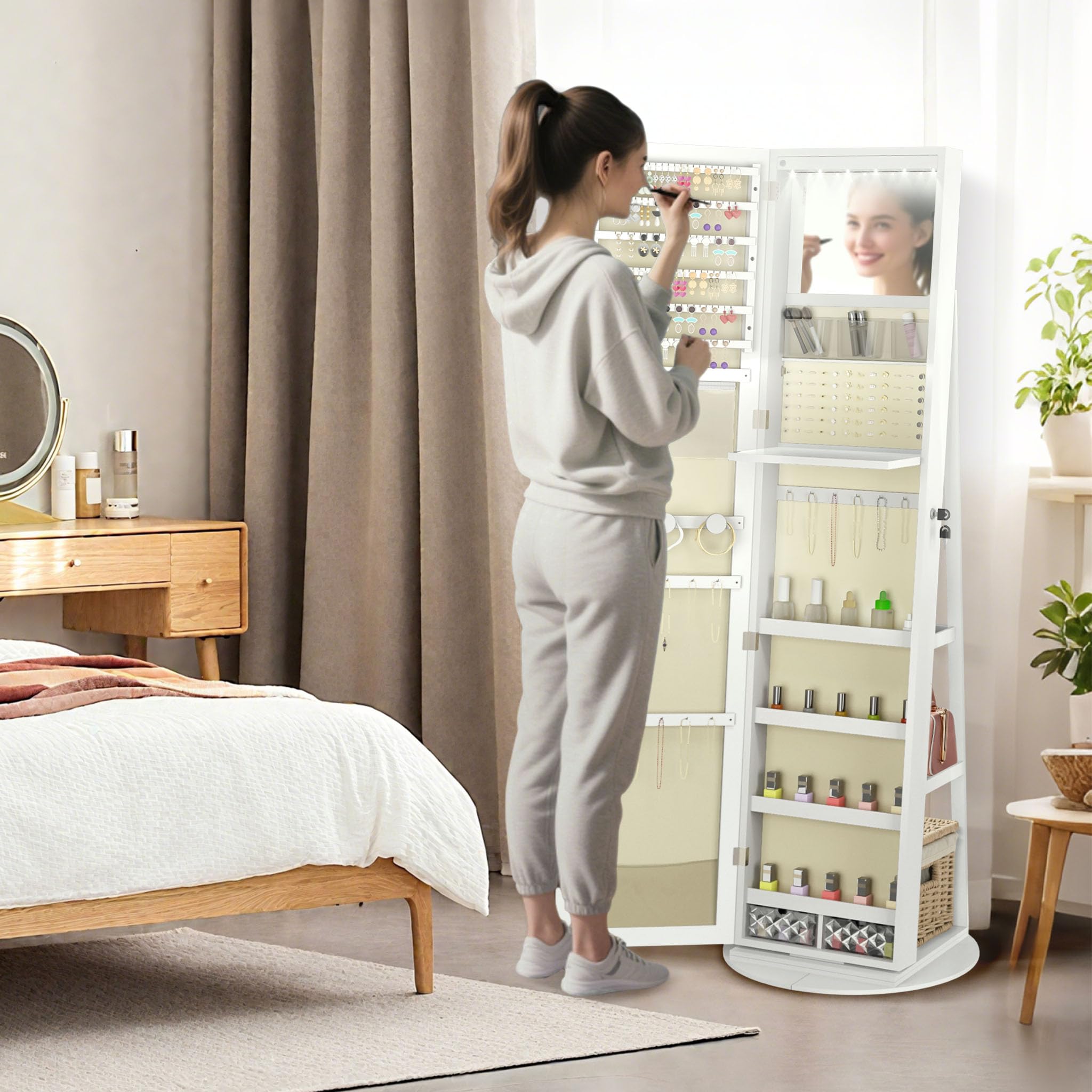 ACXIN Armadietto girevole per gioielli con illuminazione a LED e specchio, funzione 3 in 1, con vano portaoggetti, 161 x 54,5 x 10 cm, con serratura e specchio interno, bianco