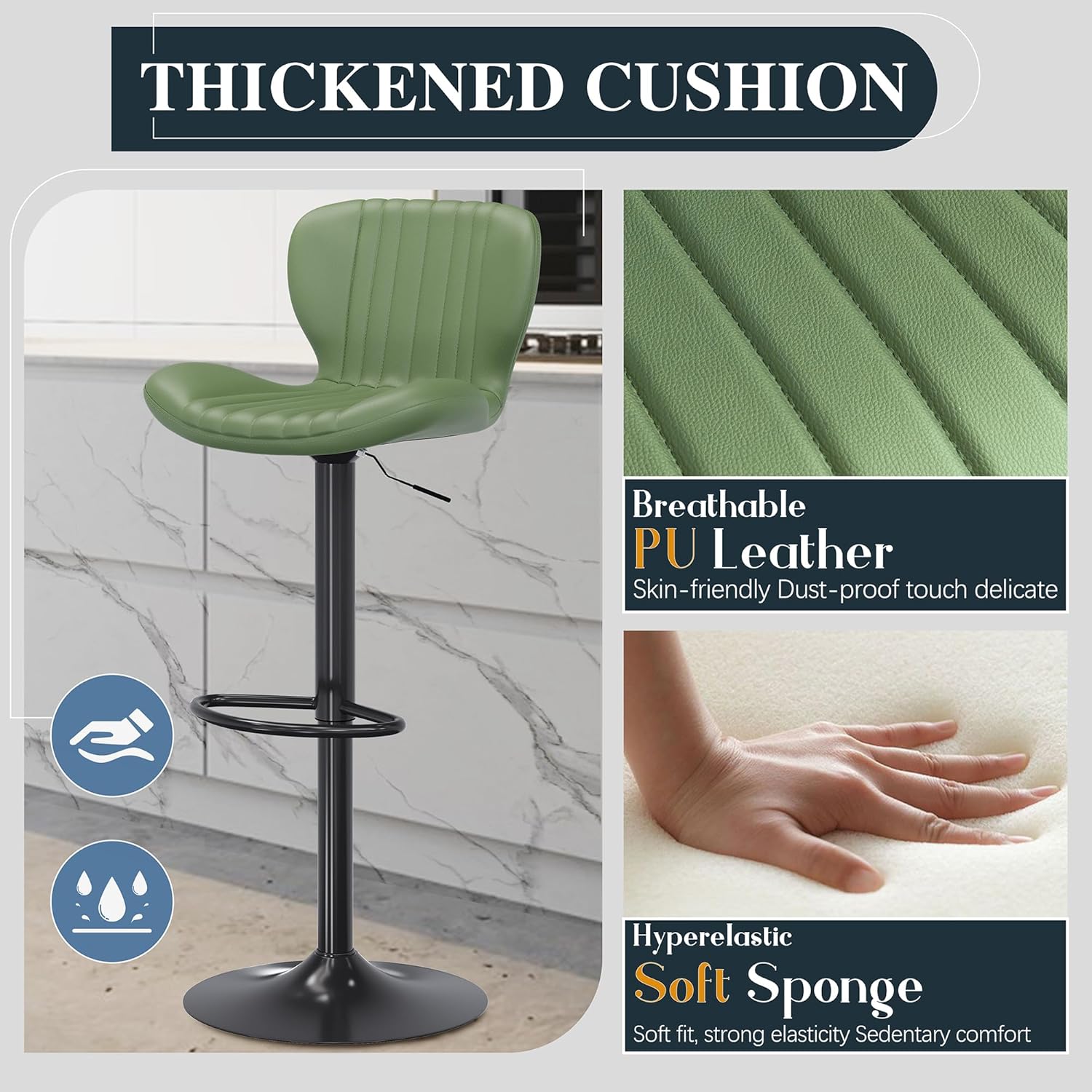 SUNLEI Swivel Swivel Bar Stools Set, Barstools Counter Height with Shell Shaped Backrest, Adjustable Moder Stools Pu Leather Bar Stool for Kitchen Counter, Island, Bars, Dining Room(Green, Set of 2)