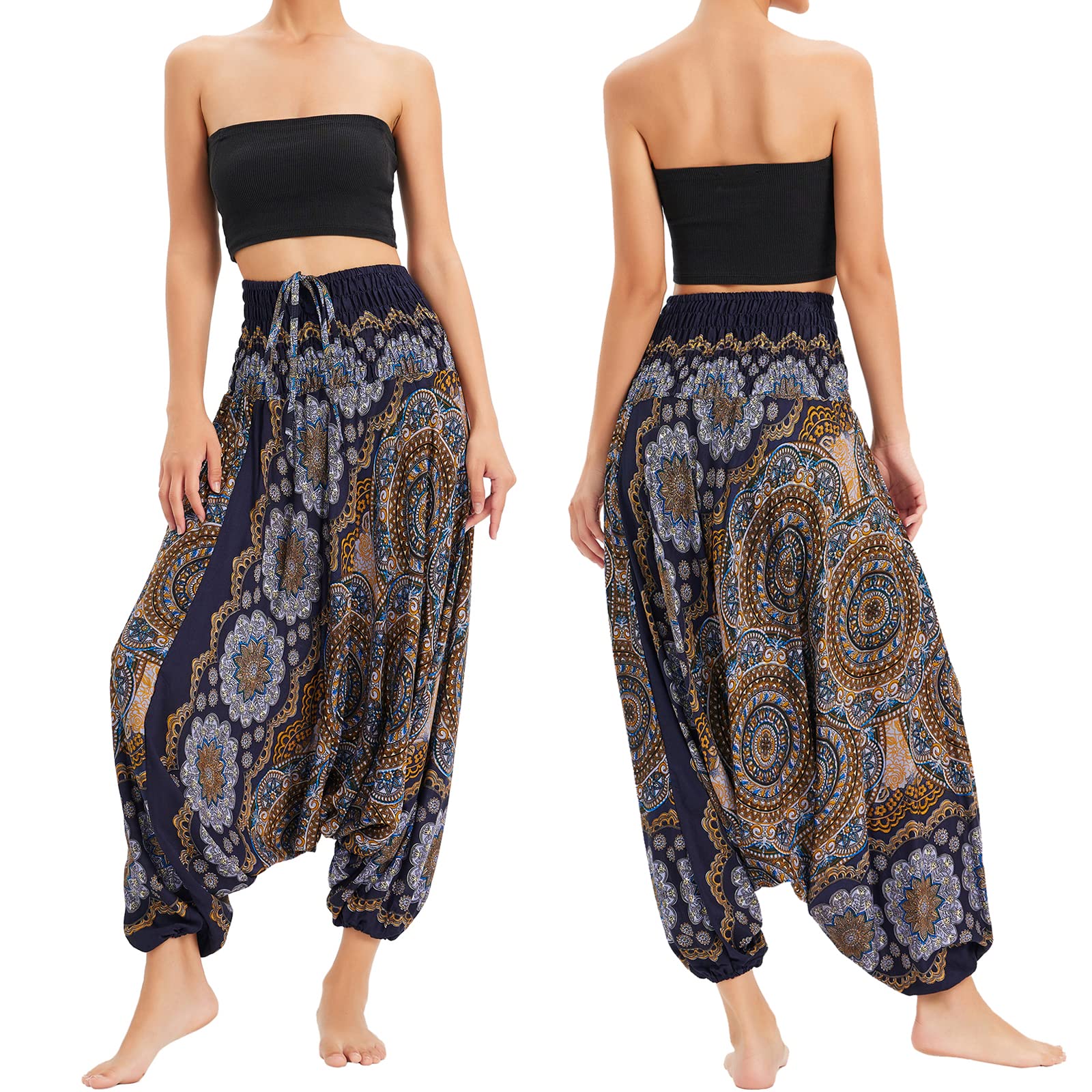 Nuofengkudu Femme Hippie Sarouel Combinaison Pantalon Jumpsuit Taille Haute Large Boheme Fleuri Imprimé Leger Thai Yoga Pants Pyjama Ete Plage