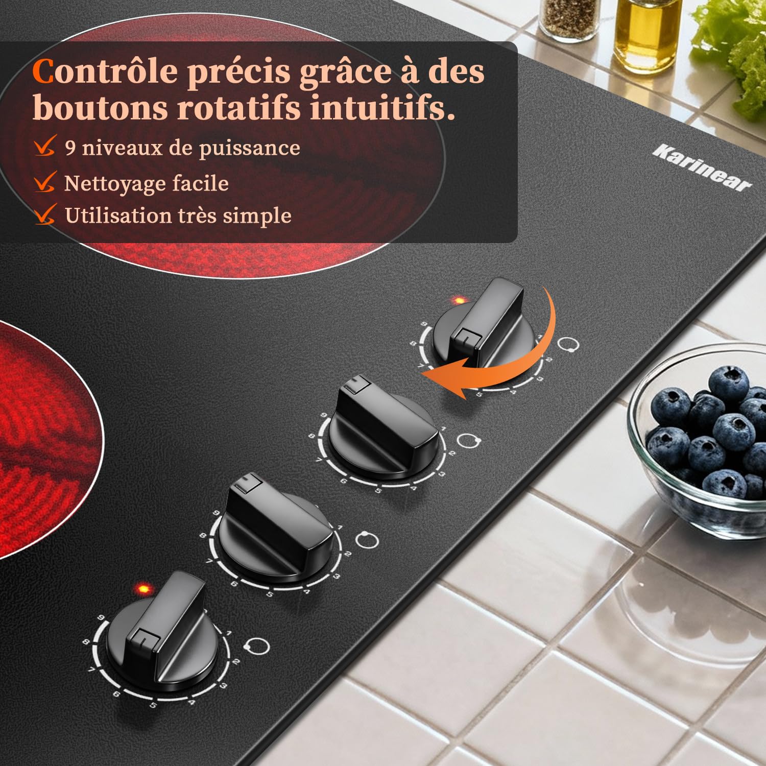 Karinear Plaque Vitrocéramique 4 Feux avec Boutons | Plaque de Cuisson Electrique 60CM Encastrable, Boutons Rotatifs, 6000W, Arrêt Automatique, 220V