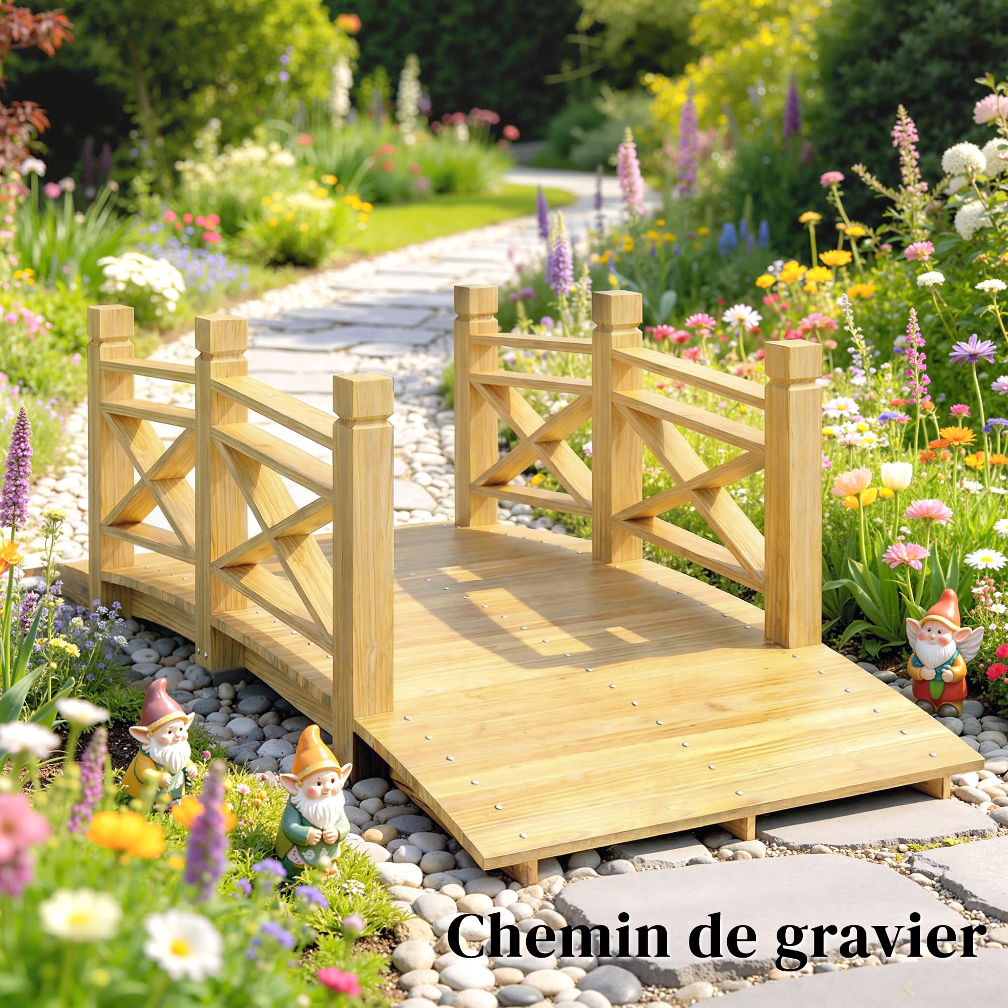 Outsunny Pont de Jardin en Bois Carbonisé Arqué 1,74m - Passerelle avec Main Courante Sécurisée et Charge 200kg - Décoration Extérieure Traitée et Résistante, Naturel