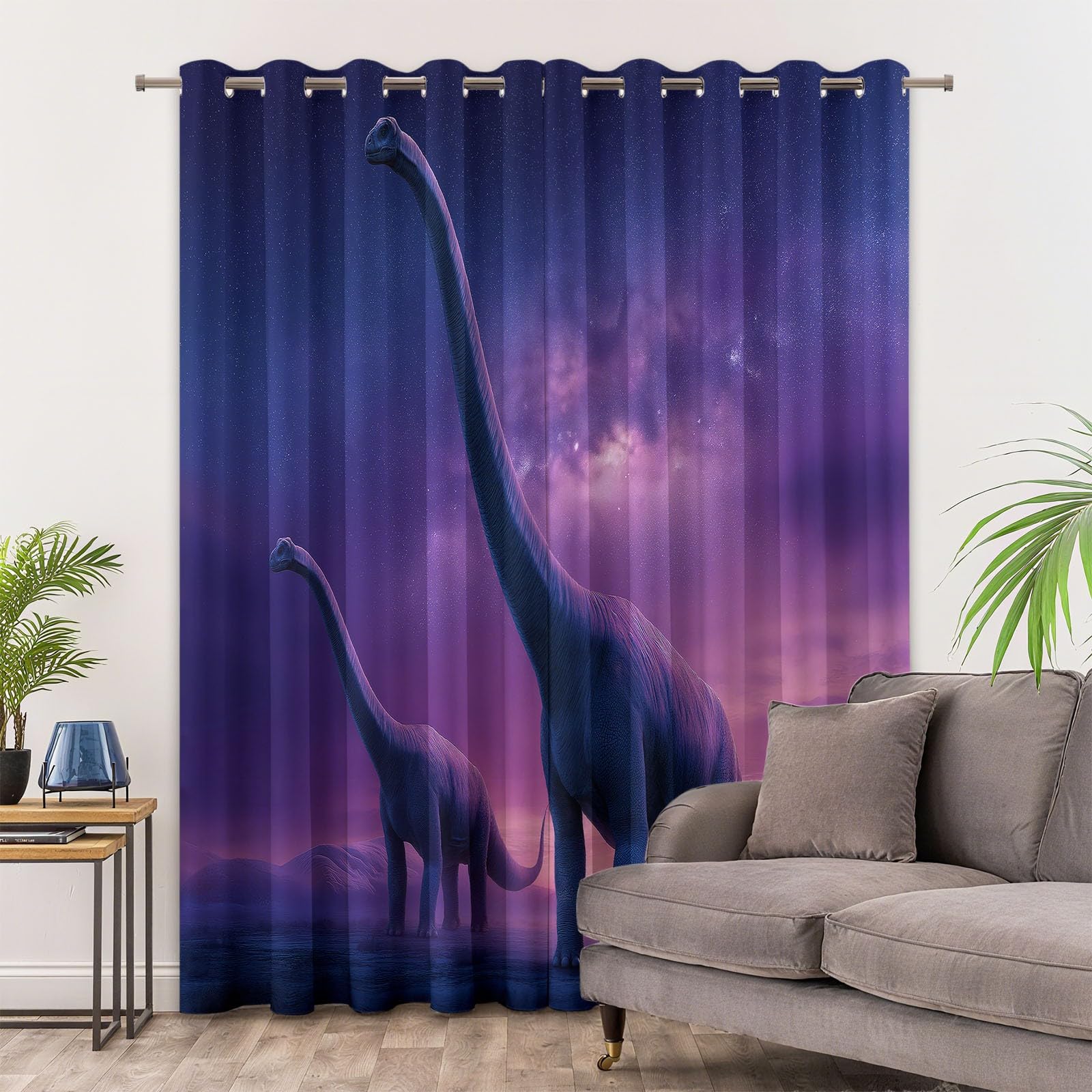Fantasy Gwiaździsta Dolina, Brontozaur, Zasłony zaciemniające do pokoju dziecięcego (szer. 234 x dł. 183 cm), jasnofioletowe, izolacja termiczna, przelotki, zasłony zaciemniające do sypialni i salonu