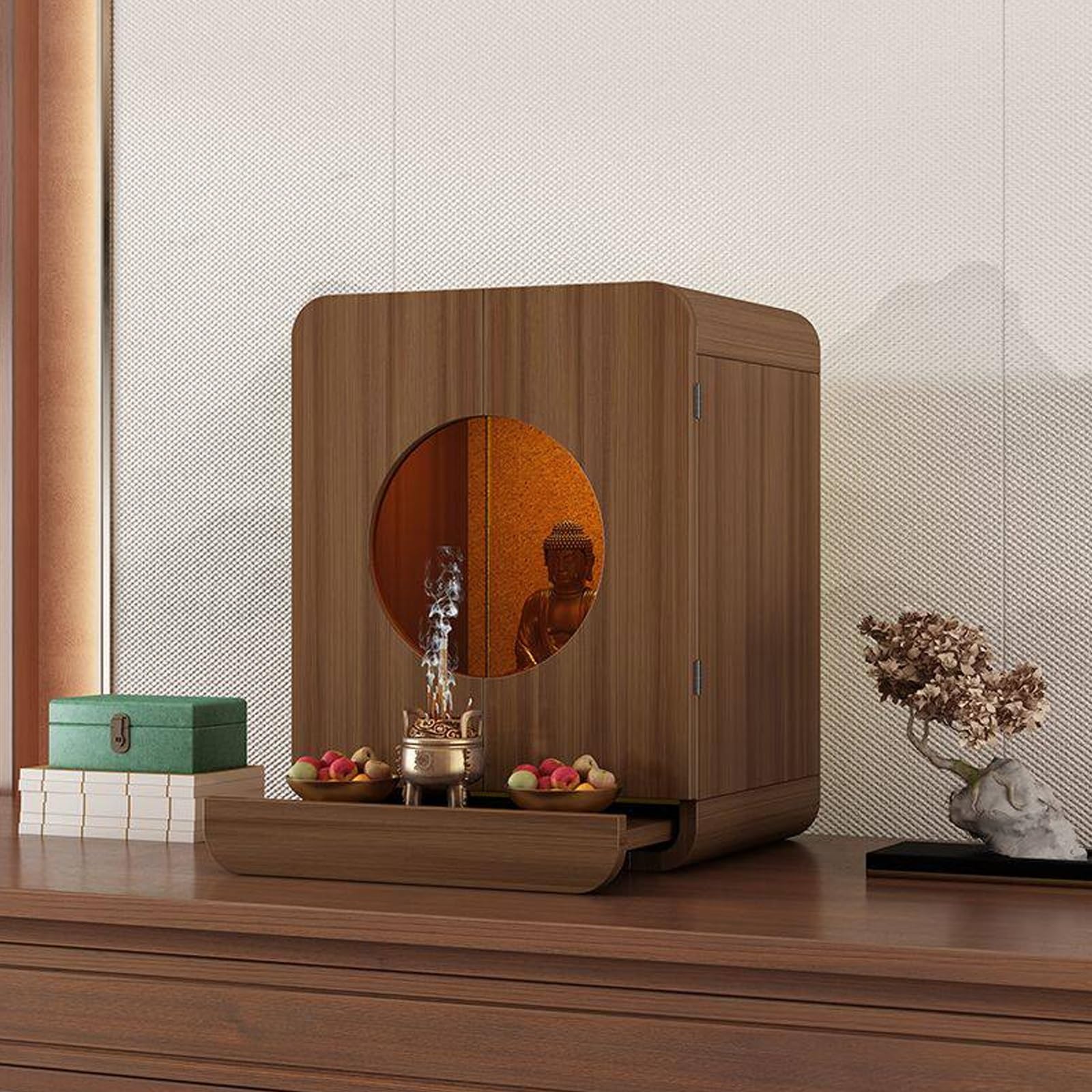 JNTFNE Modern Minimalist Buddhist Shrine Altar Table for Home, Wood Buddha Cabinet with Drawer & LED Light Guanyin, God of Wealth(Walnut-B,Medium)