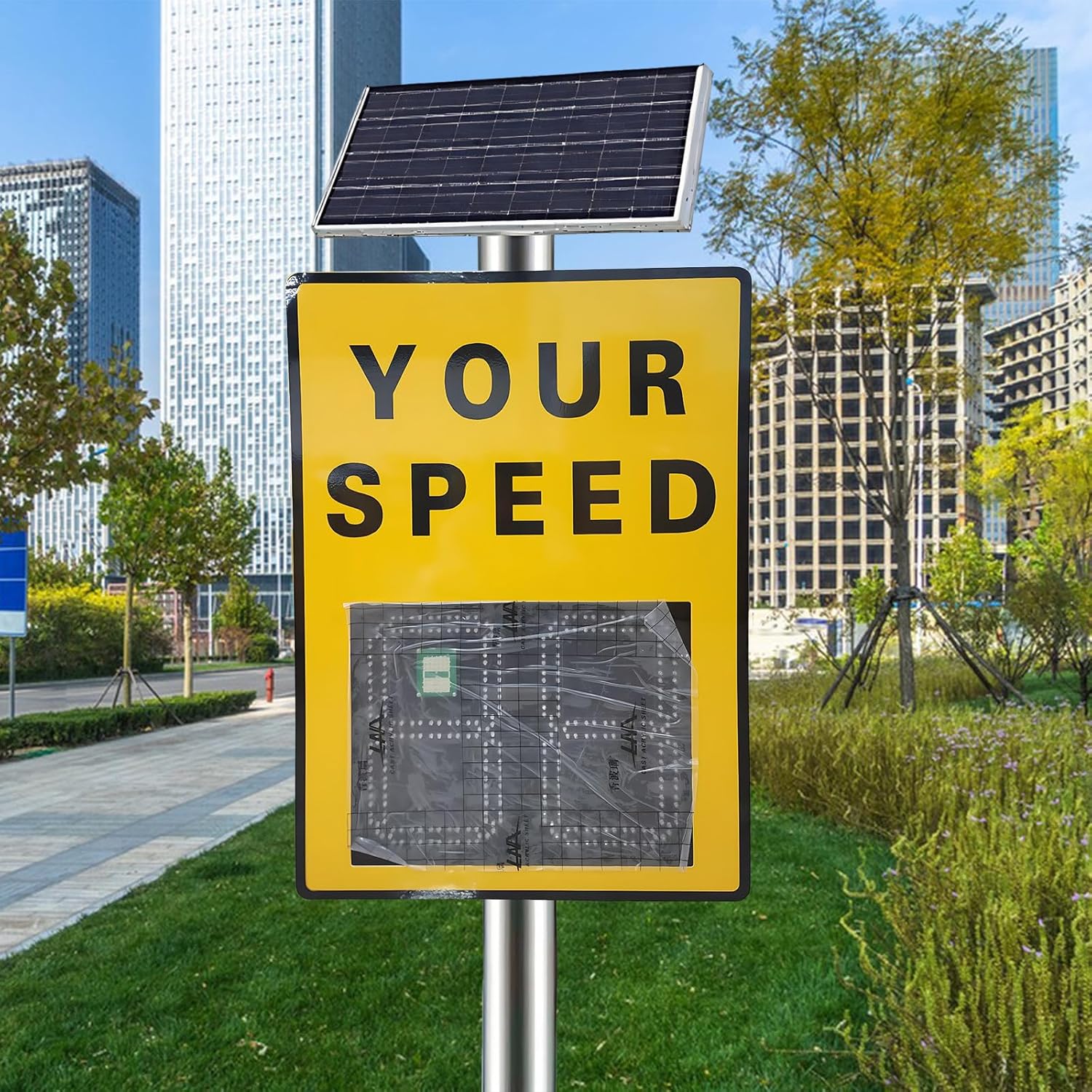 Solar Powered Speed Limit Radar Detector 23.6x35.4 Inch Two Digital Display Rust-Free Aluminum Construction for Road Warning Applications