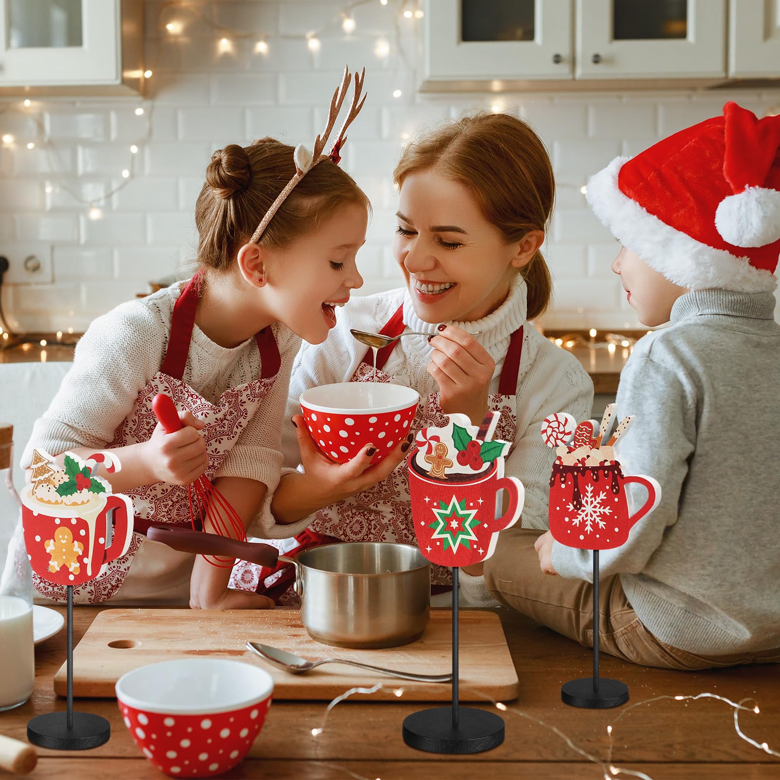 Amyhill 3 Pcs Christmas Table Decor Christmas Hot Chocolate Centerpieces Sign Xmas Tiered Tray Decor Wooden Cocoa Bar Tabletop Decorations Farmhouse Block Sign for Christmas Holiday Party Supplies