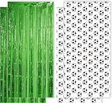 Soccer Foil Fringe Curtains 4 Pack, 3.3 x 6.6 Ft Green Tinsel Streamers Backdrop Photo Booth Birthday Party Decorations Favors Sports Themed Supplies