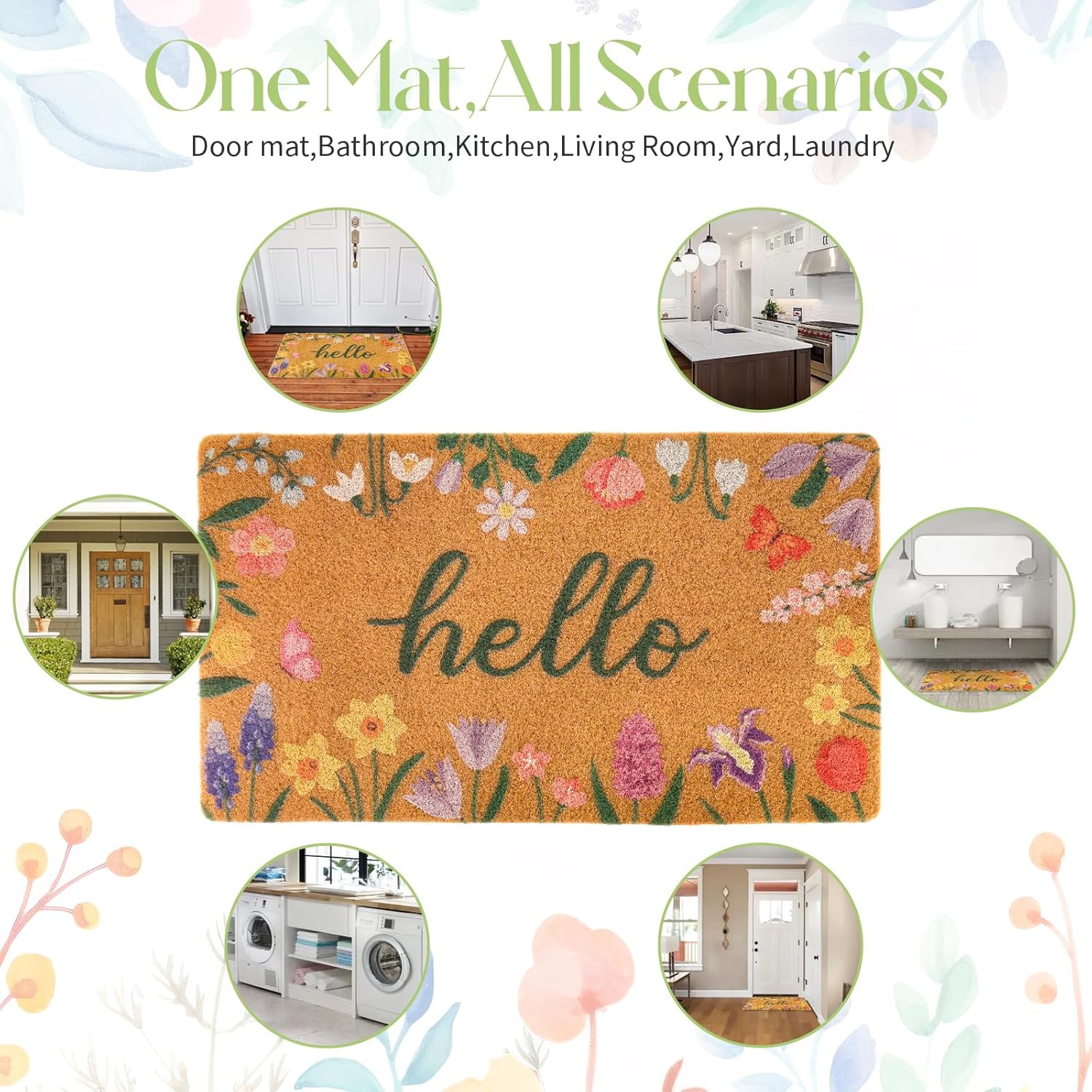 Dripykiaa Floral Hello Spring Door Mat for Front Door 30''x 17'' Coir Welcome Mat with Anti-Slip Backing Indoor & Outdoor Use, Summer Doormat for Outdoor Entrance,Perfect Home Decor