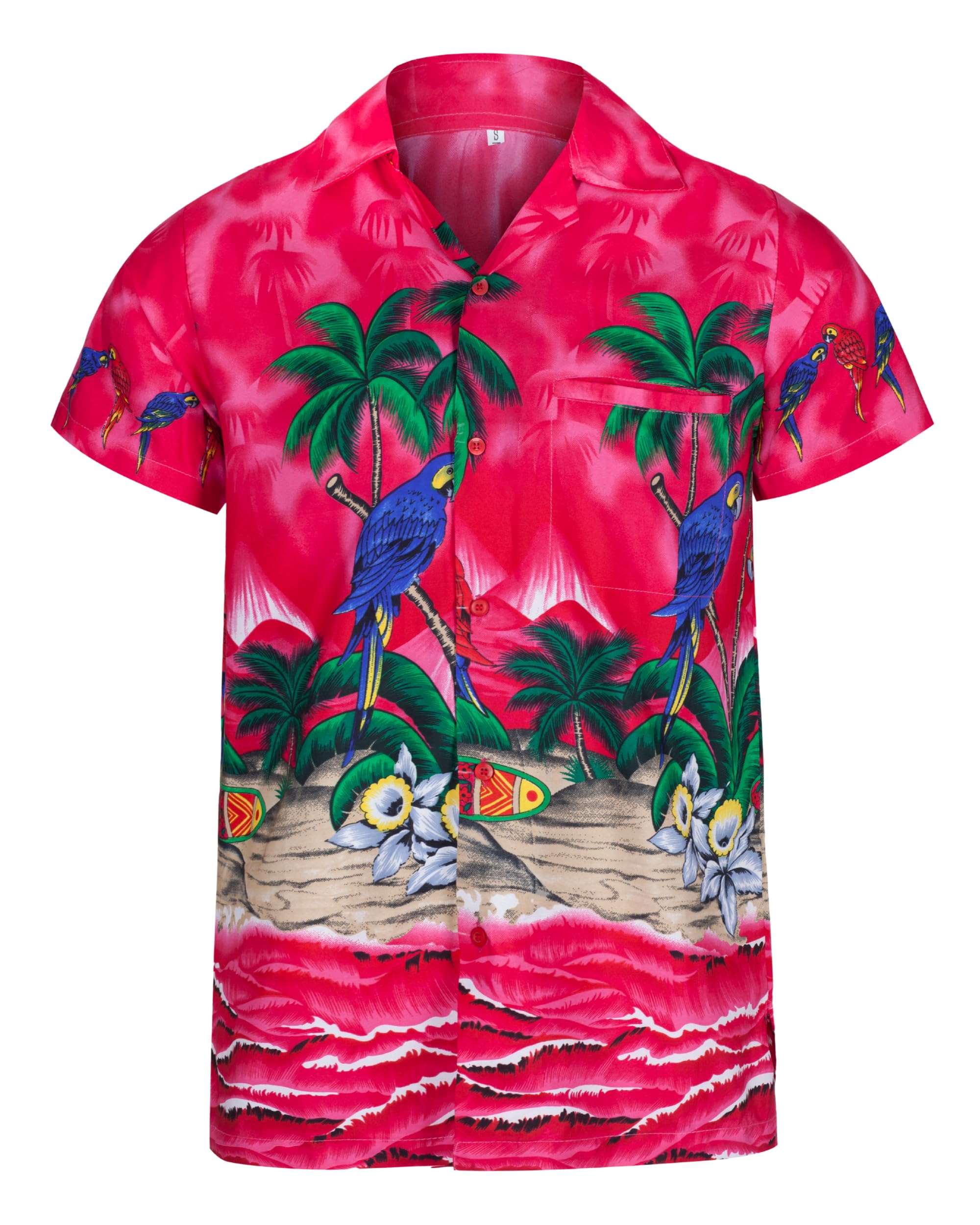 REDSTARREDSTAR Mens Hawaiian Shirt Short Sleeve Parrot STAG Beach Holiday Bird Fancy Dress Hawaii (Small, Pink)
