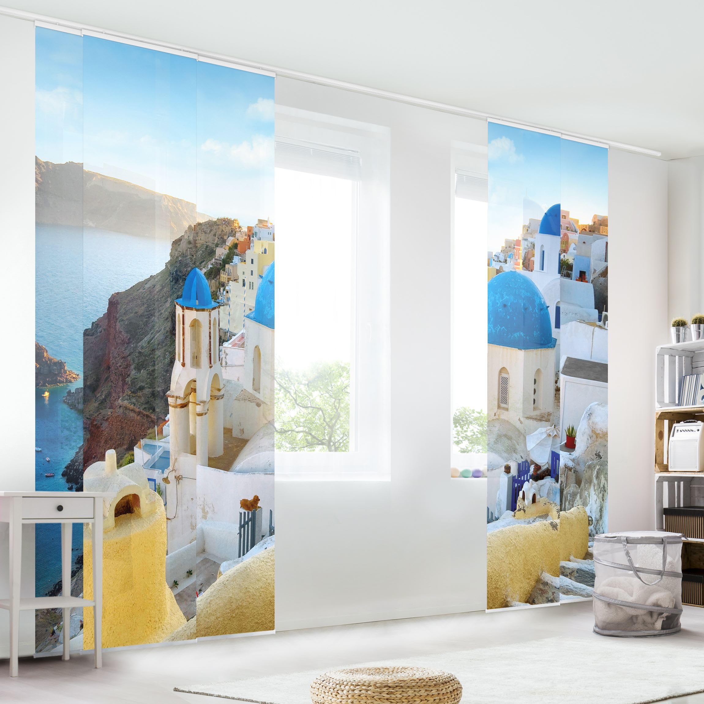 Schiebegardine halbtransparent 60er Paneel Klett Skyline Textil lichtdurchlässig - Stadt Modern Flächenvorhang blau Wohnzimmer Schlafzimmer 1596 (300x250 cm - 5er Set)