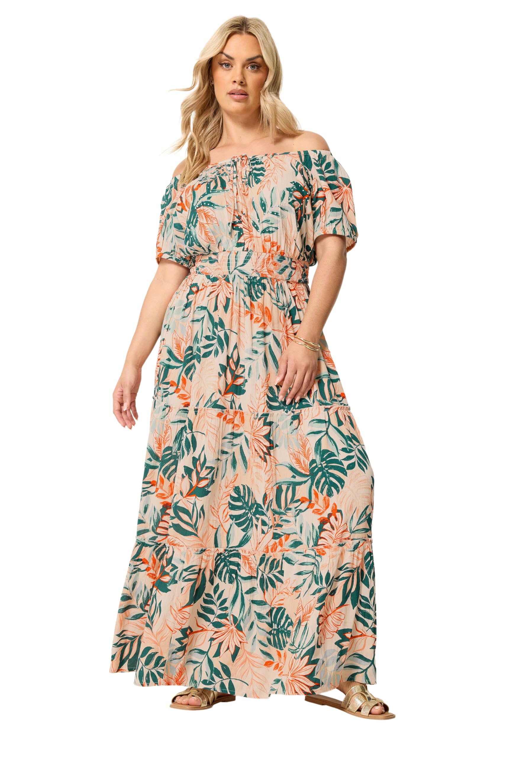 Yours Women's Leaf Tie Neck Bardot Maxi Dress in Natural | Size: 22-24