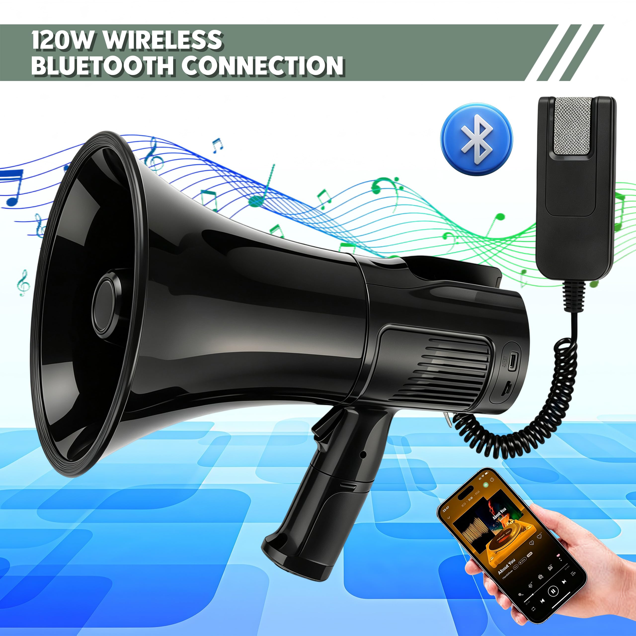 Megafono da 120 W con funzione di registrazione da 1000 secondi, portata massima 2000 m | Altoparlante portatile con sirena, 2 batterie per lezioni, formazione, turismo, emergenze e attività all'aperto
