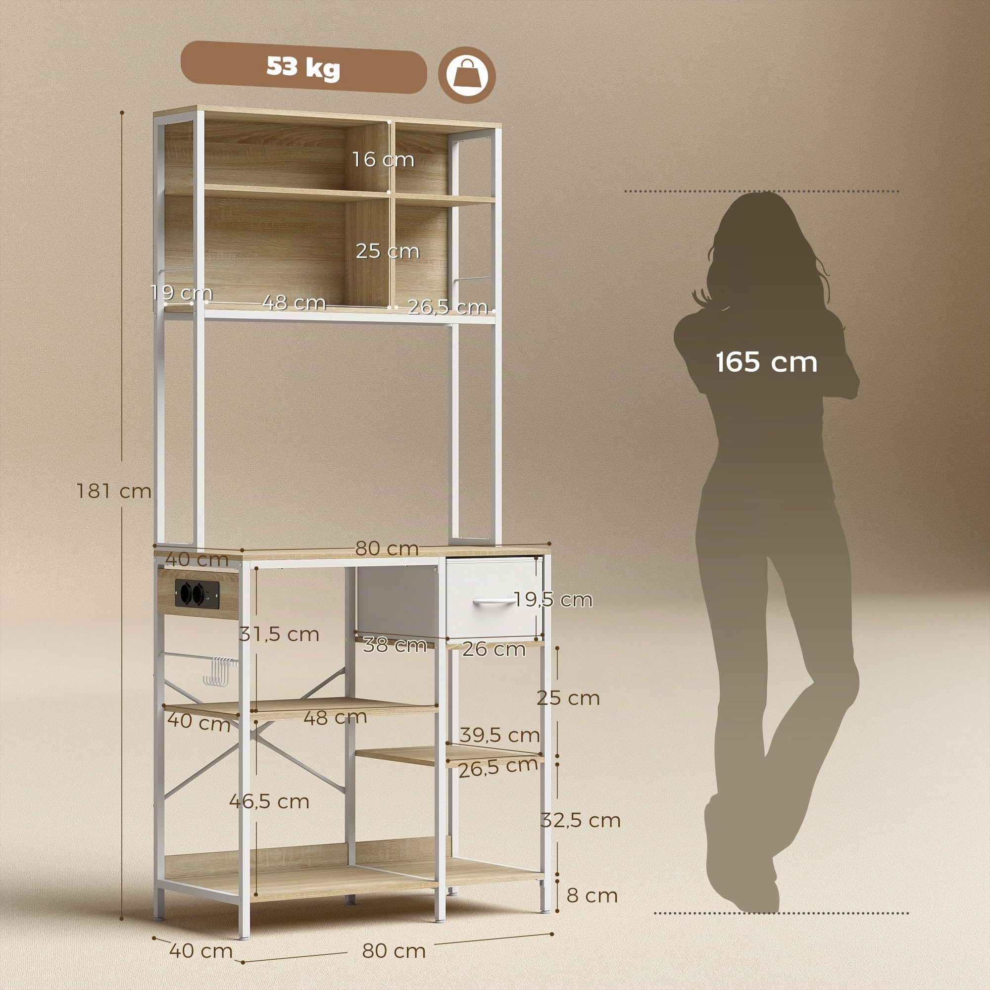 HOMCOM Estantería de Cocina con Enchufes y Puertos USB 80x40x181 cm Roble