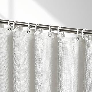 White Shower Curtain Boho, Textured Shower Curtain Cotton Blend Waffle W...
