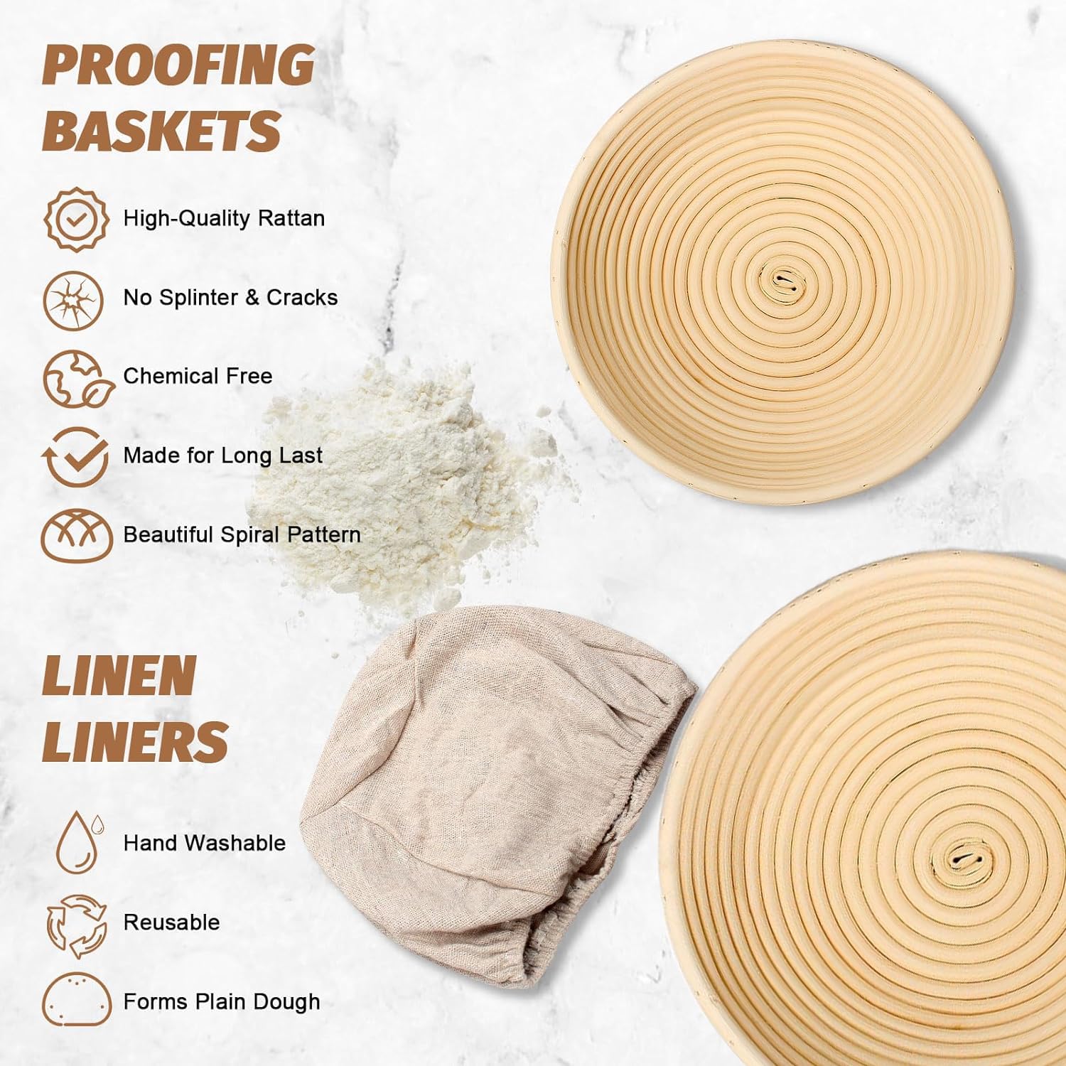 Panier à pain rond en rotin avec doublure en lin - 22 cm - 100 % rotin naturel - Pour levain - Comprend un coupe-pâte, un coupe-pain, pour boulangers professionnels et amateurs