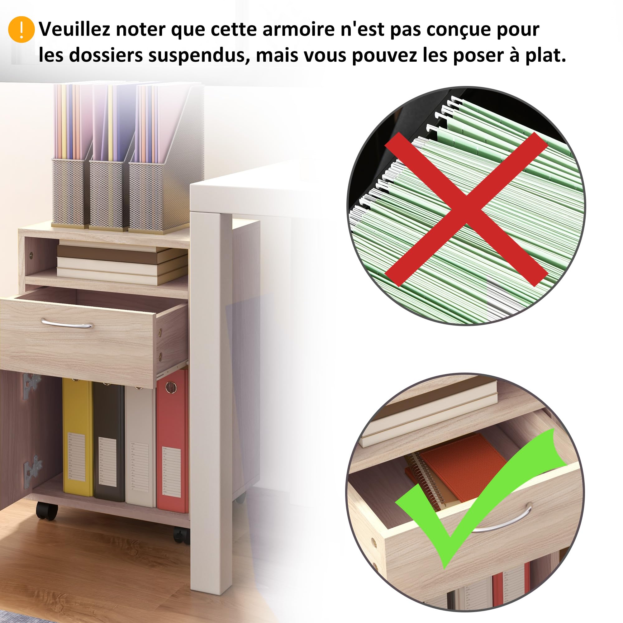 HOMCOM Caisson de Bureau Rangement Bureau sur roulettes Chêne | Tiroir, Placard, Niche, Panneaux Particules