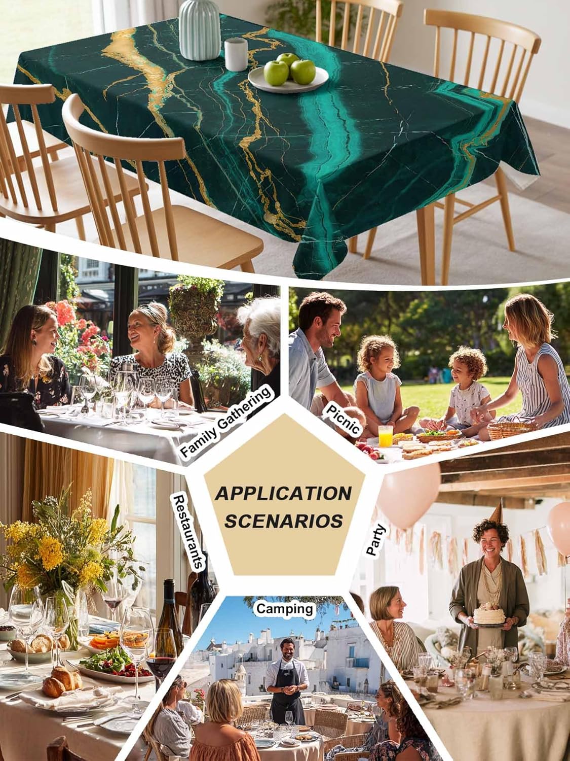 Marble Emerald Green Tablecloth Waterproof for Round/Rectangle/Oval/Square Tablecloth 52x72 in, Modern Abstract Gold Art Table Cloth Cover for Fall Baby Shower Christmas Wedding Party