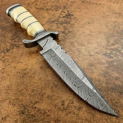 KE-01305-HK Custom and Handmade Damascus Steel Hunting Knife with Leather Sheath