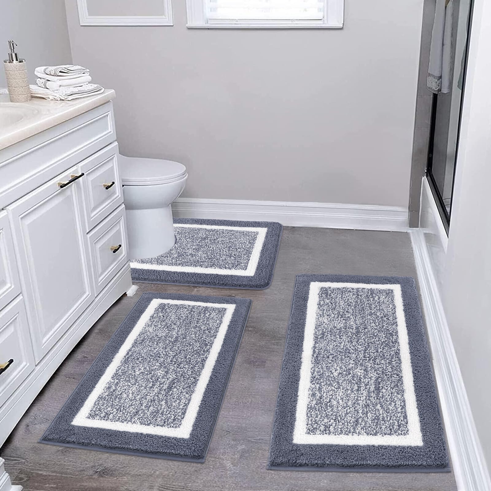 Pauwer Bathroom Rugs Sets 3 Piece Bathroom Shower Rugs with U-Shaped Contour Toilet Mat Absorbent Microfiber Plush Bath Mats Non Slip Bath Rugs Machine Washable Shaggy Bathroom Floor Mats