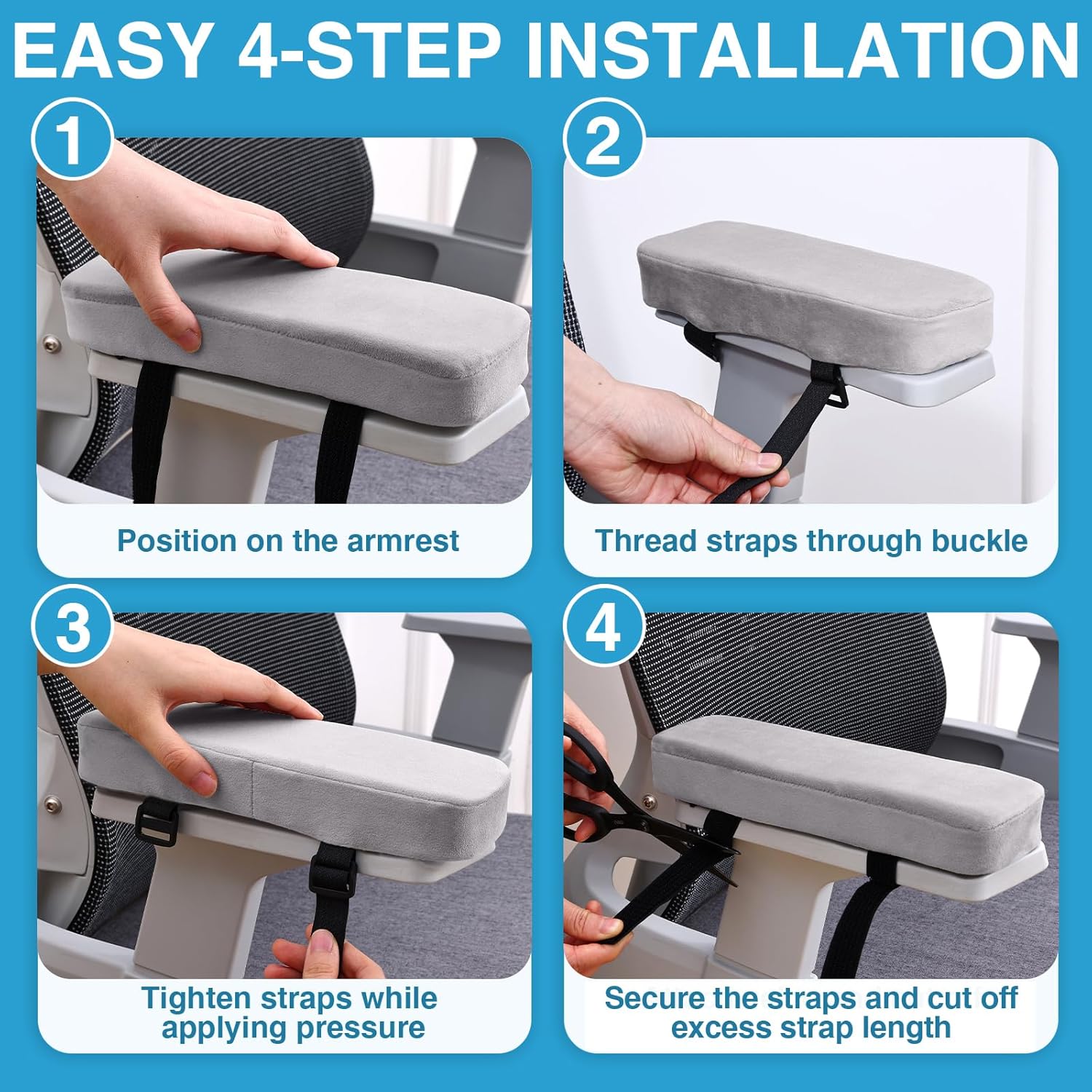 Smiry Ergonomic Office Chair Armrest Pads, Memory Foam Arm Rest Covers, Non-Slip Armrest Cushion with Adjustable Buckles and Straps, Elbow Relief for Desk, Gaming & Wheelchair (Grey, Set of 2)
