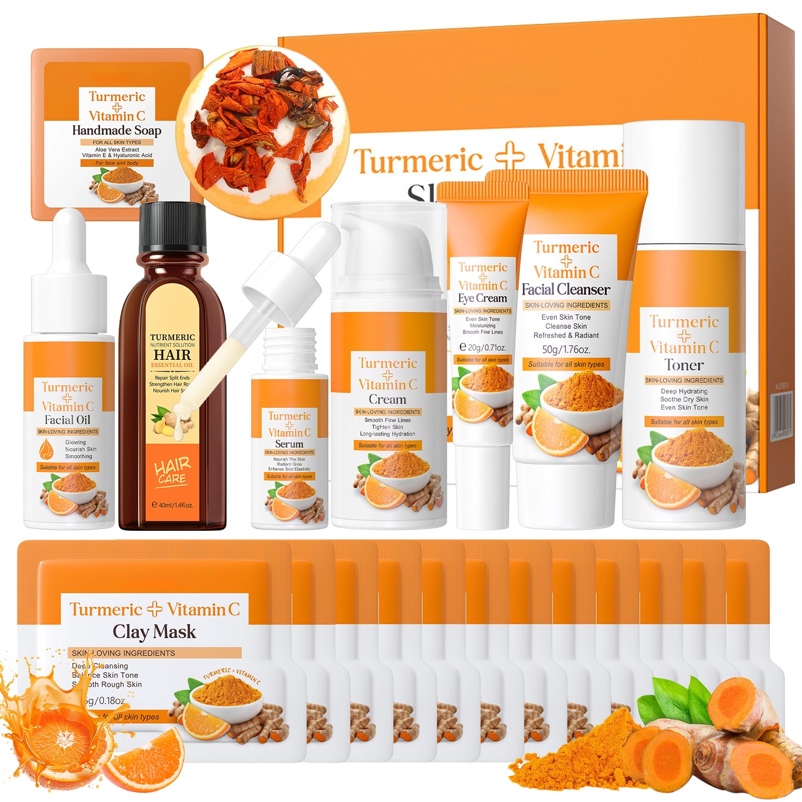 21Pcs Turmeric & Vitamin C Skincare Set, Facial Skin Care Routine Set with Serum, Toner, Cleanser, Eye Cream, Face Cream, Soap Bar, Mud Mask, Facial Oil and Hair Oil, Bath Boom, Gifts for Women Girls